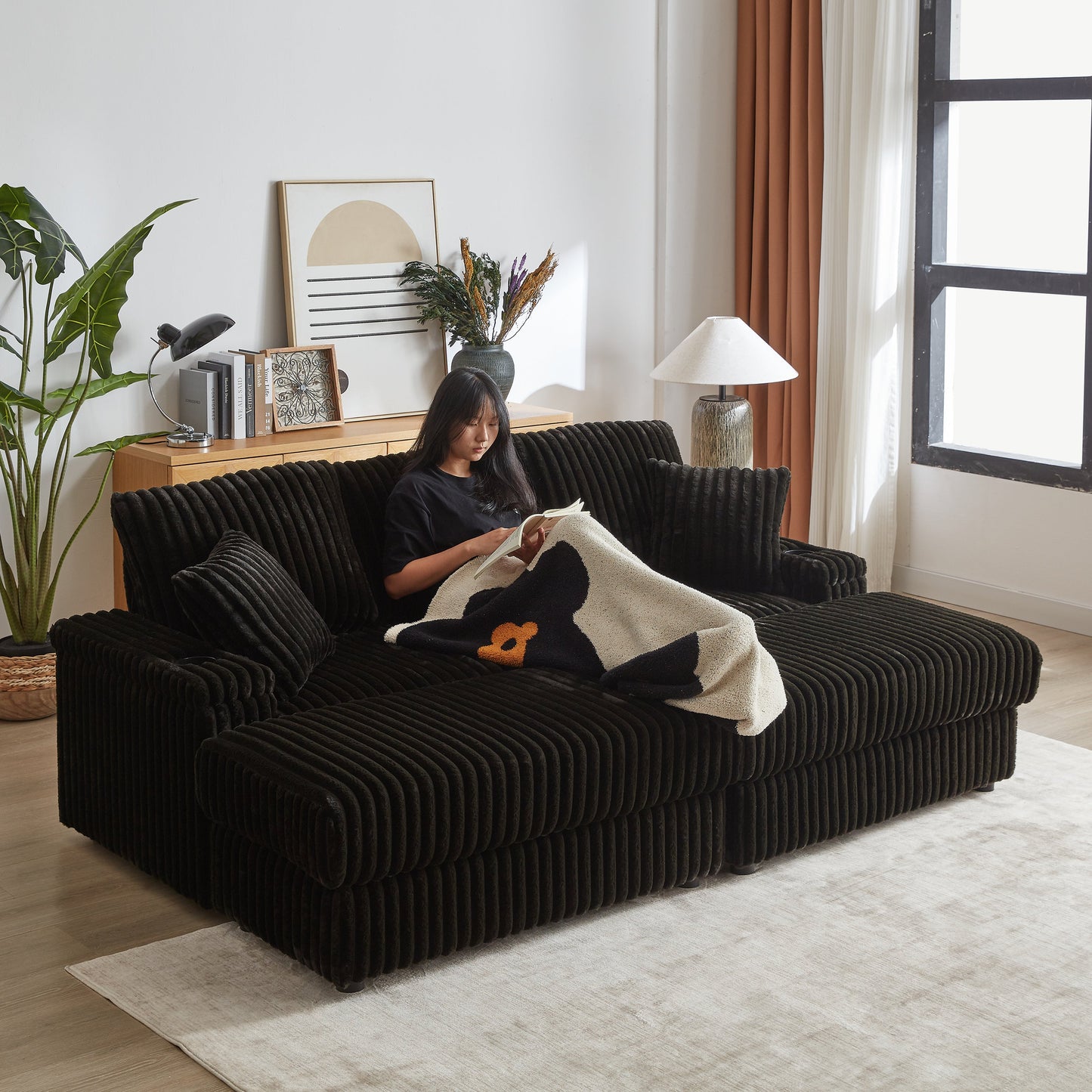 84Inch Corduroy 3-Seater Sofa With 3 Back Pillows ,2 Toss Pillows , a Ottoman ,2storage Spaces and Cup-Holding Grooves