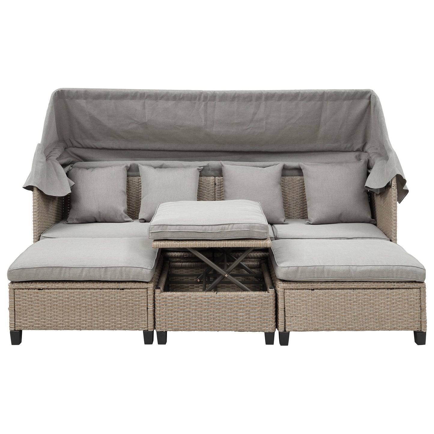 4 Piece UV-Proof Resin Wicker Patio Sofa Set With Retractable Canopy, Cushions and Lifting Table,Brown