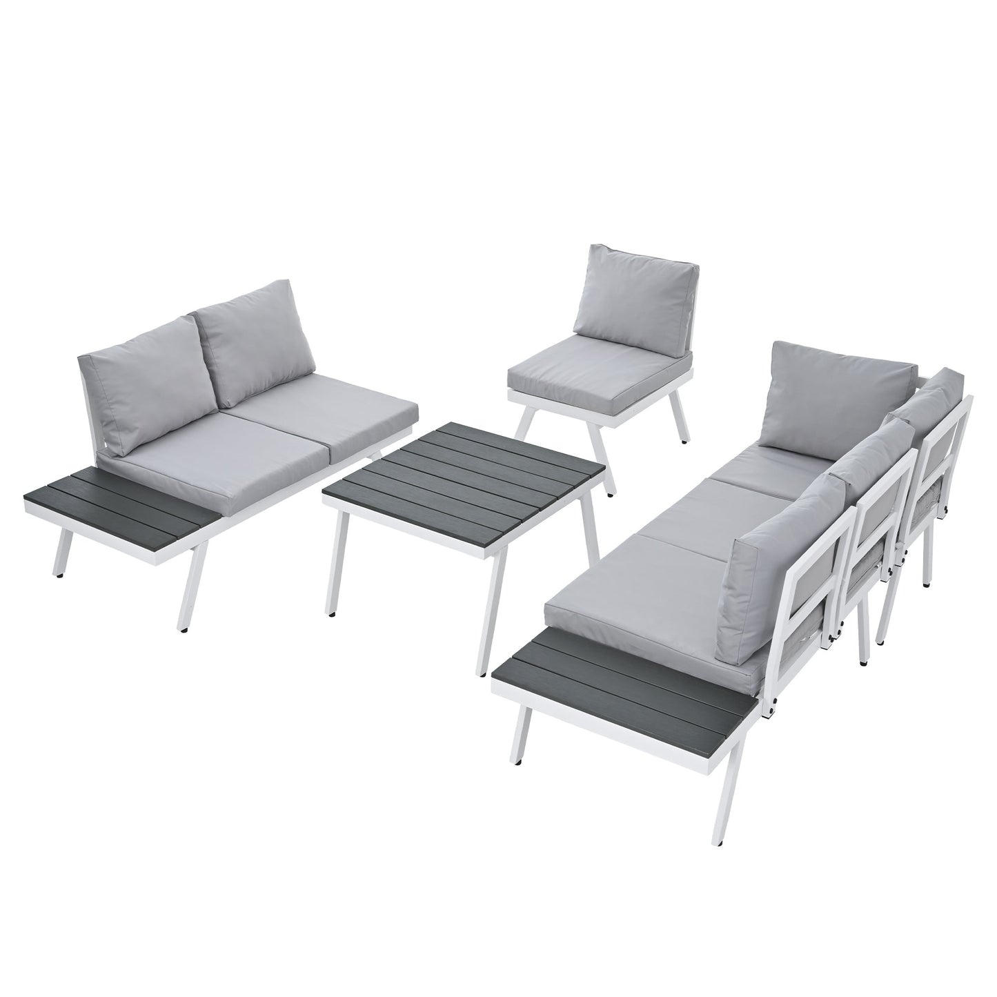 Industrial 5-Piece Aluminum Outdoor Patio Furniture Set, Modern Garden Sectional Sofa Set With End Tables, Coffee Table