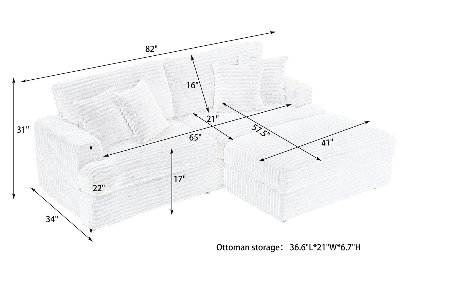 82 Inches White Corduroy Sofa, Storage Feet +4 Throw Pillows, Create a Living Room, Office Fashion New Darling