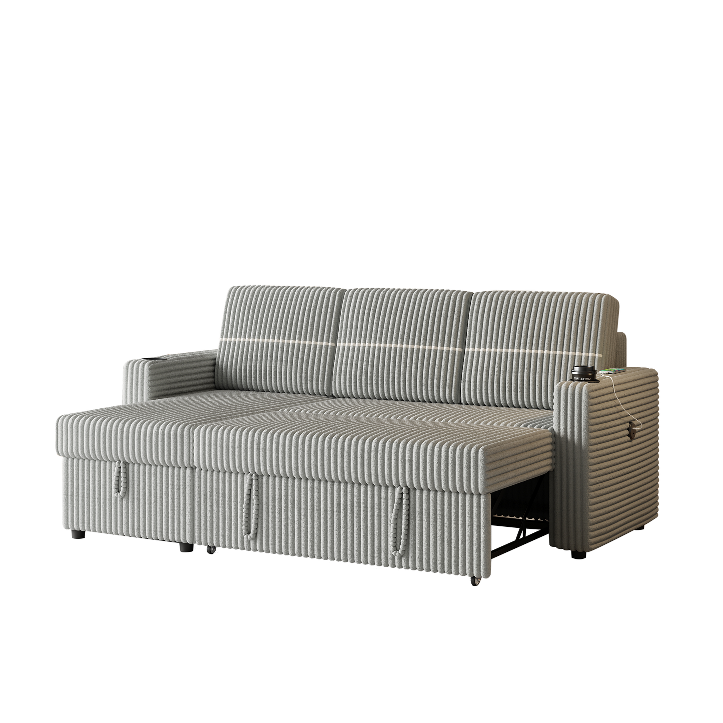 85 Inches Corduroy Sofa Bed, 3 Seater Sleeper Sofa With Storage Chaise, Square Handrail With Two Cup-Holder and USB Charger