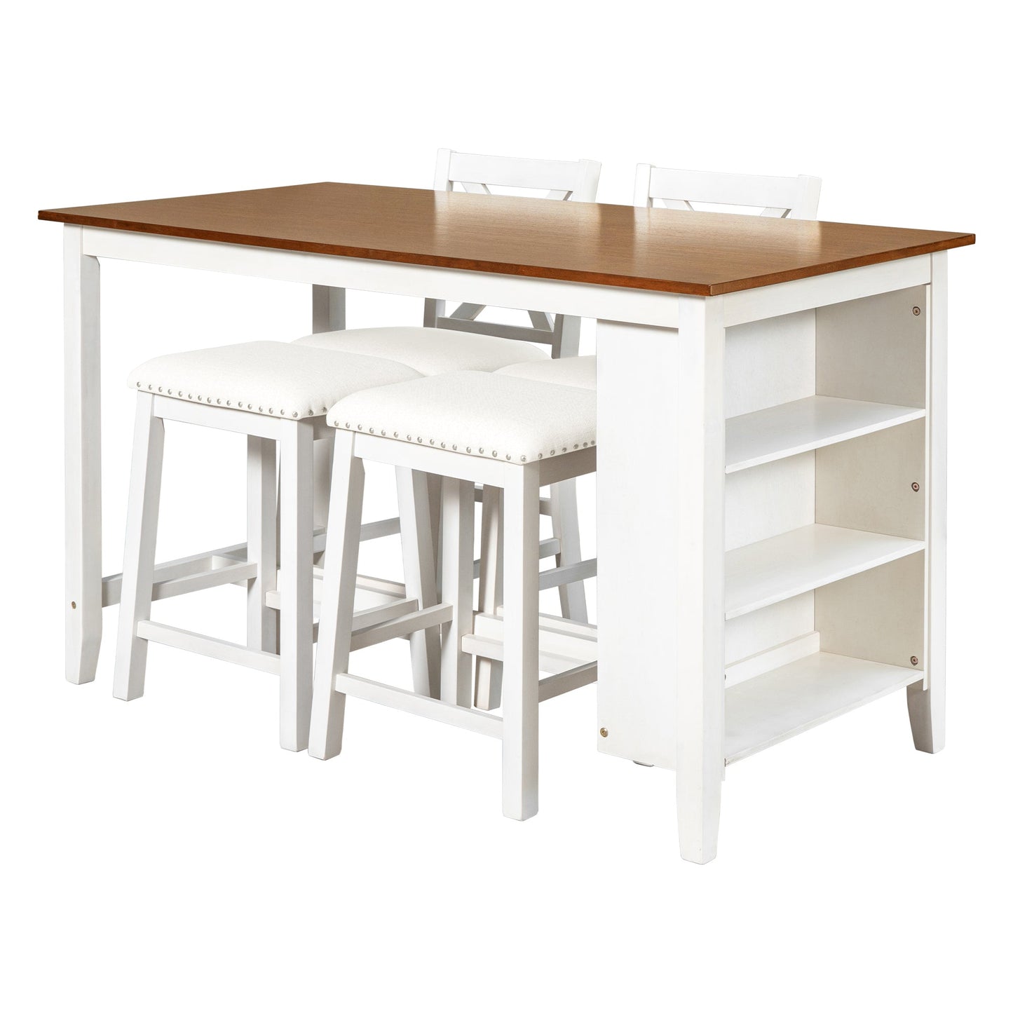 5 Pieces Counter Height Rustic Farmhouse Dining Room Wooden Bar Table Set With 2 Stools and 2 Chairs, White