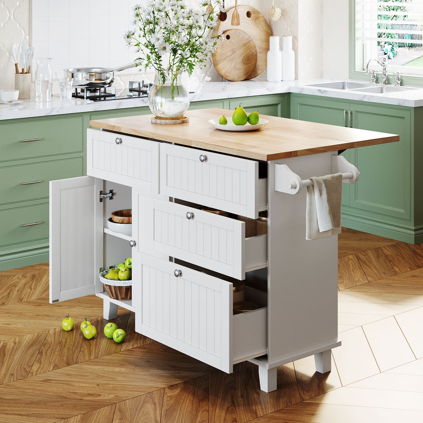 Farmhouse Kitchen Island Set With Drop Leaf and 2 Seatings,Dining Table Set With Storage Cabinet, Drawers and Towel Rack