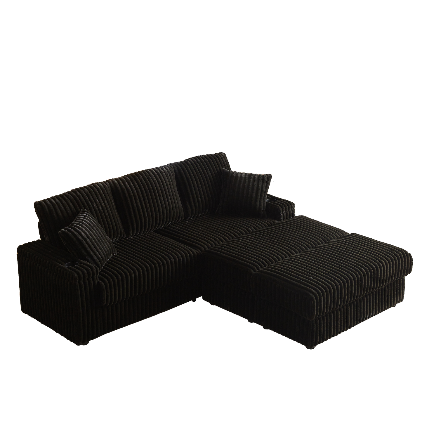 84Inch Corduroy 3-Seater Sofa With 3 Back Pillows ,2 Toss Pillows , a Ottoman ,2storage Spaces and Cup-Holding Grooves