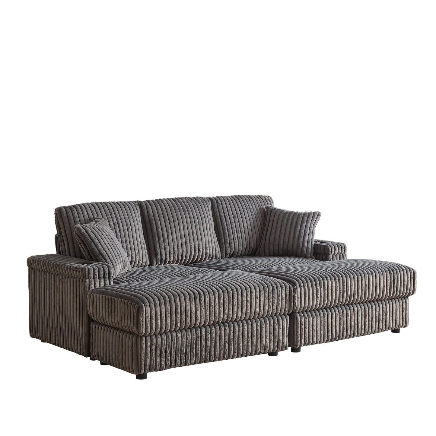 84Inch Corduroy 3-Seater Sofa With 3 Back Pillows ,2 Toss Pillows , a Ottoman ,2storage Spaces and Cup-Holding Grooves