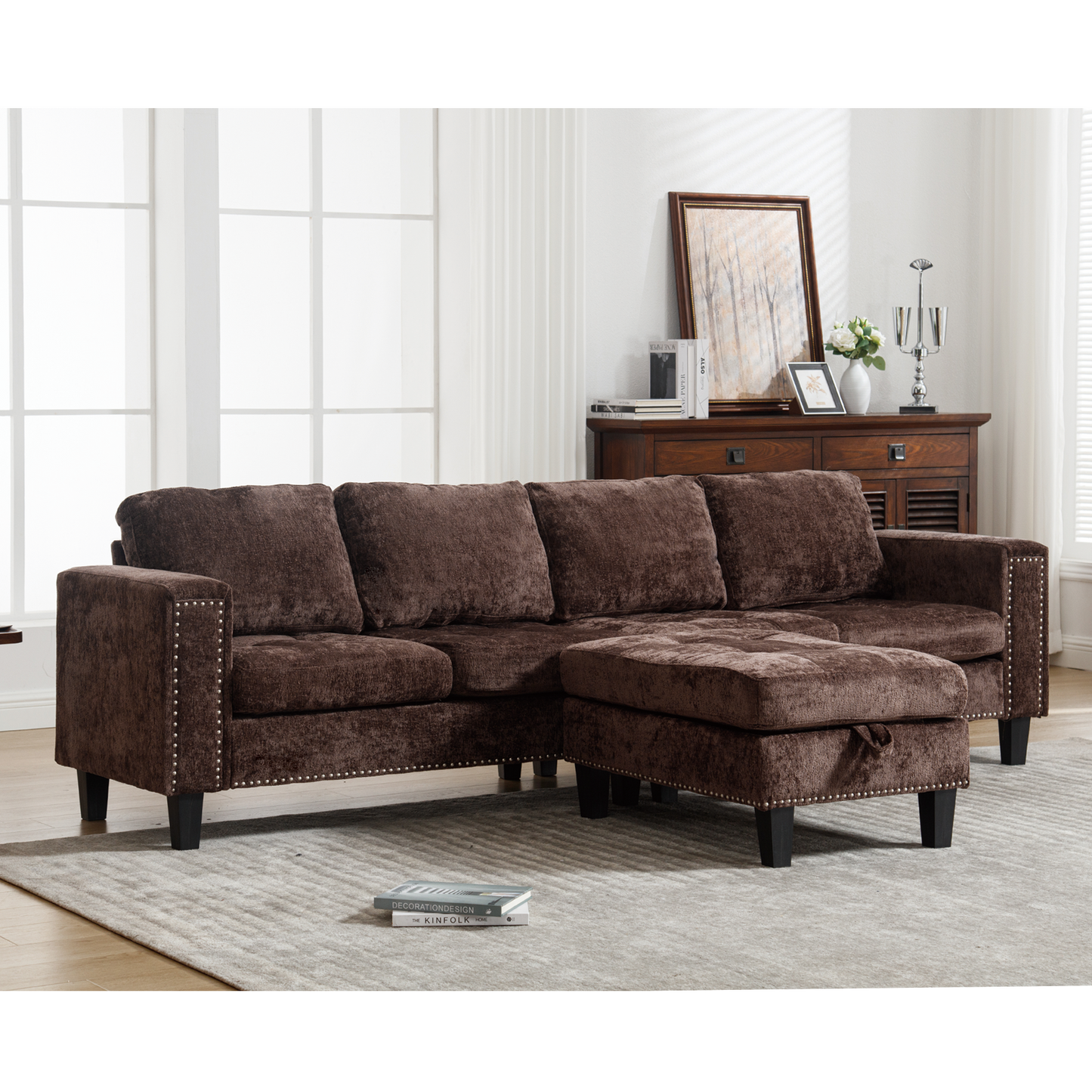5 Seat Modular Sofa,with Storage Ottoman, Convertible Sectional Sofa, L Shaped Couch , Reversible Chaise ,Riveted Sofa