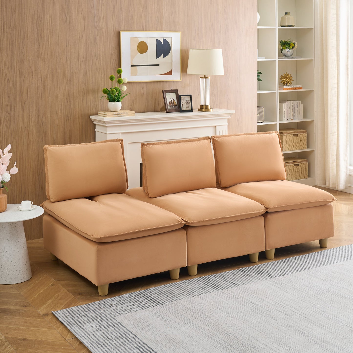88-Inch Simple, Modern and Ultra-Comfortable Straight-Row Three-Seater Pumpkin-Colored Flannel Sofa