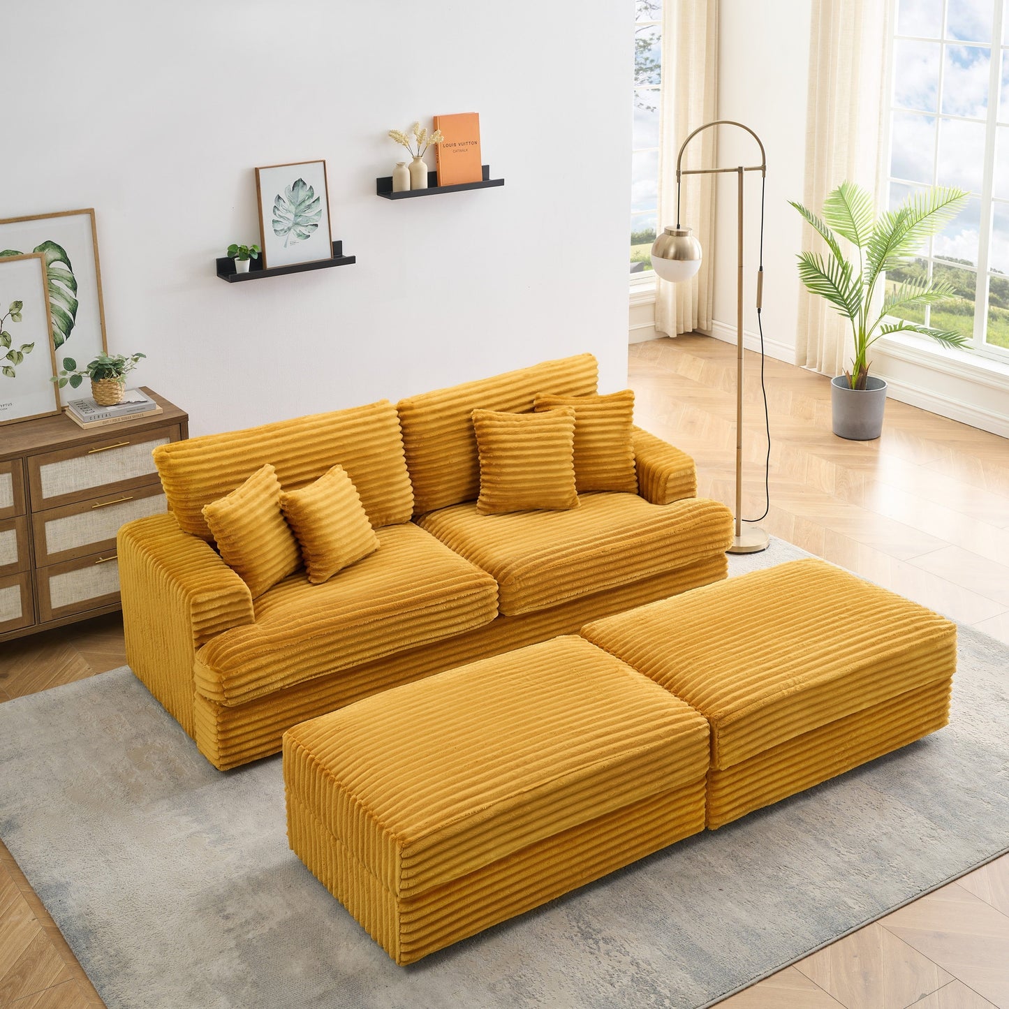 82 Inches Orange Corduroy Sofa, Two Storage Feet +4 Throw Pillows, Create a Living Room, Office Fashion New Darling