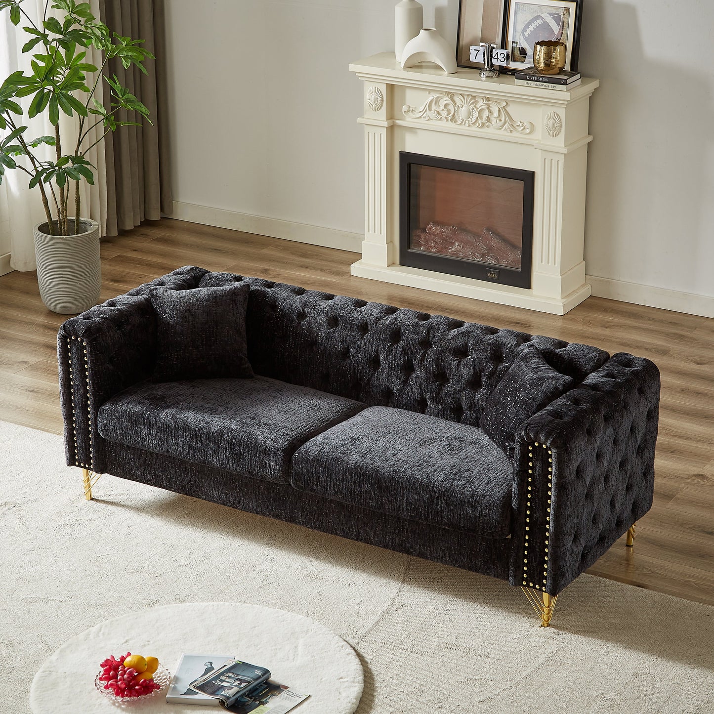82-Inch Chenille Pull Buckle Design Sofa for Living Room,Buttons Tufted With Copper Nail Decoration Armrest, Modern Couch