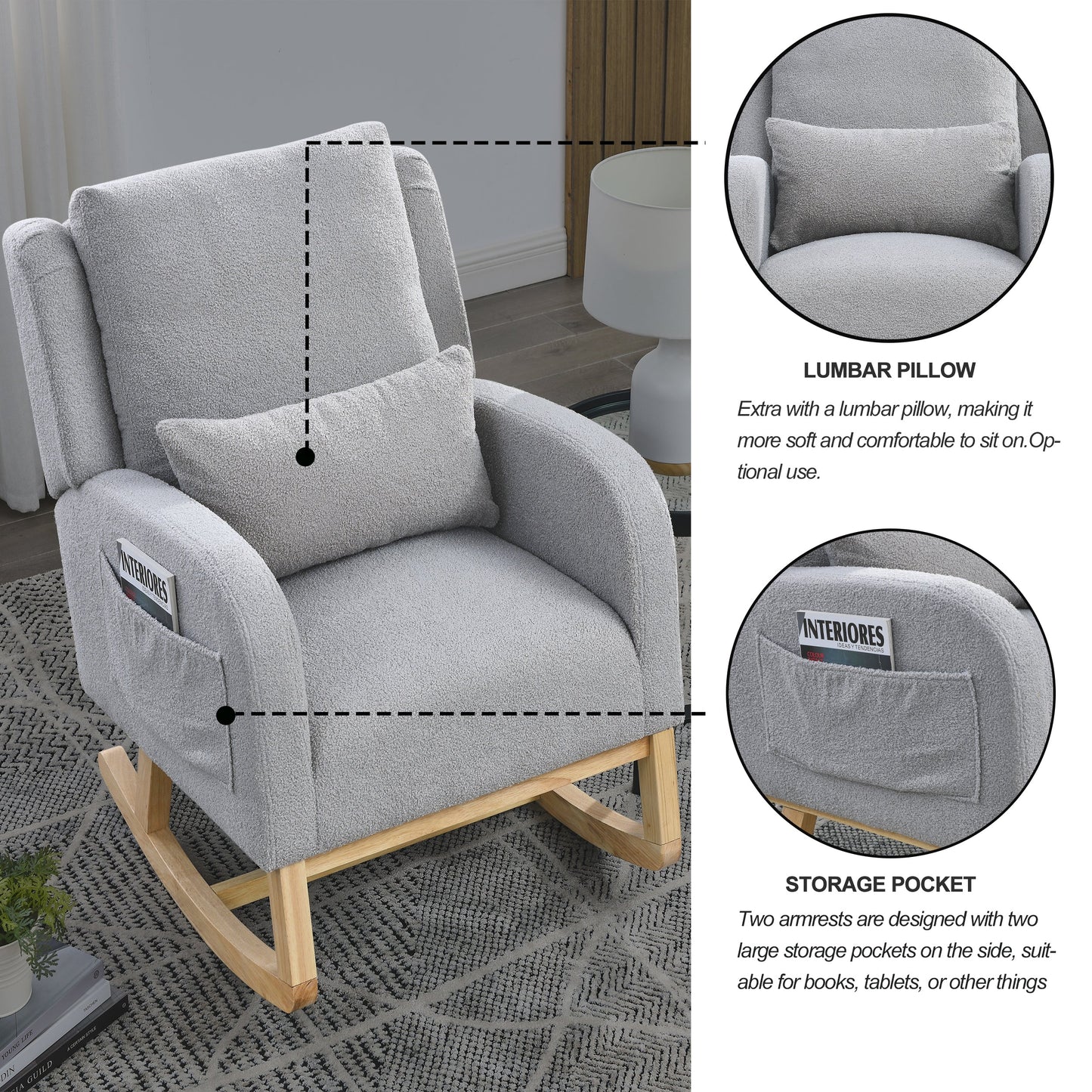 27.5 "W Modern Accent High Back Living Room Casual Armchair Rocker With One Lumbar Pillow, Two Side Pockets