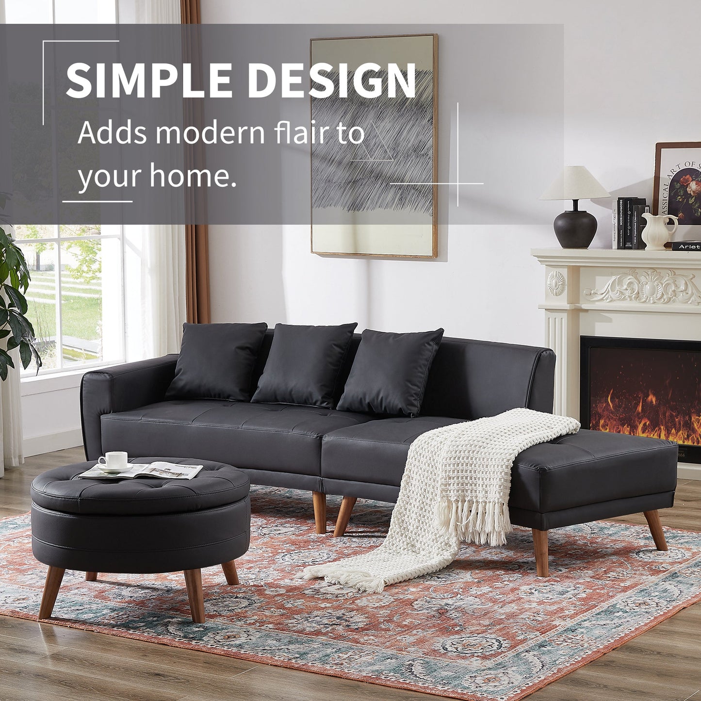 107" Contemporary Sofa Stylish Sofa Couch With a Round Storage Ottoman and Three Removable Pillows for Living Room, Black