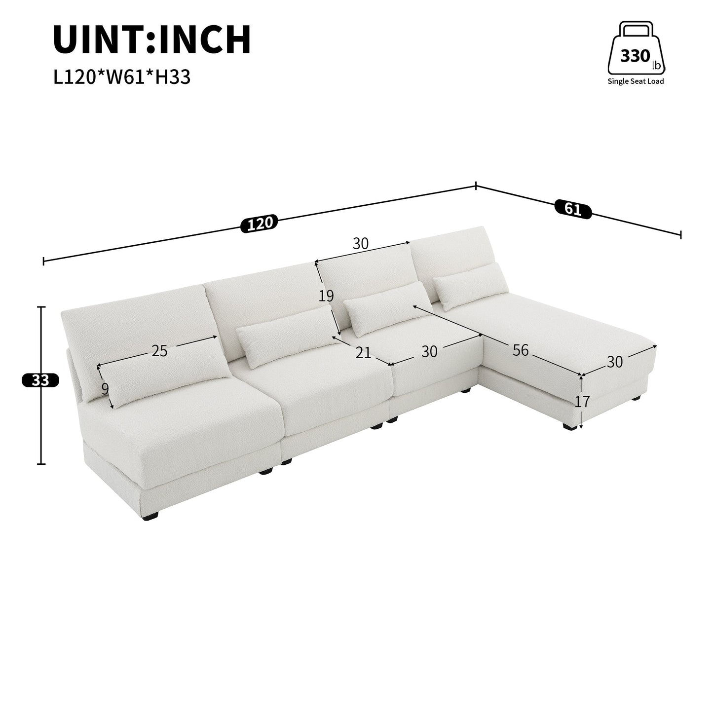 120*61" Oversized Deep Seat Sectional Sofa With Reversible Chaise,Loop Yarn Fabric 5-Seat Armless Indoor Furniture