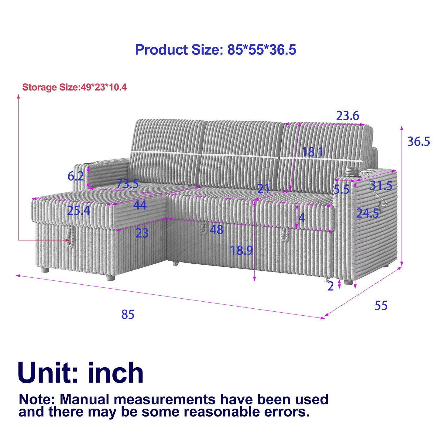 85 Inches Corduroy Sofa Bed, 3 Seater Sleeper Sofa With Storage Chaise, Square Handrail With Two Cup-Holder and USB Charger
