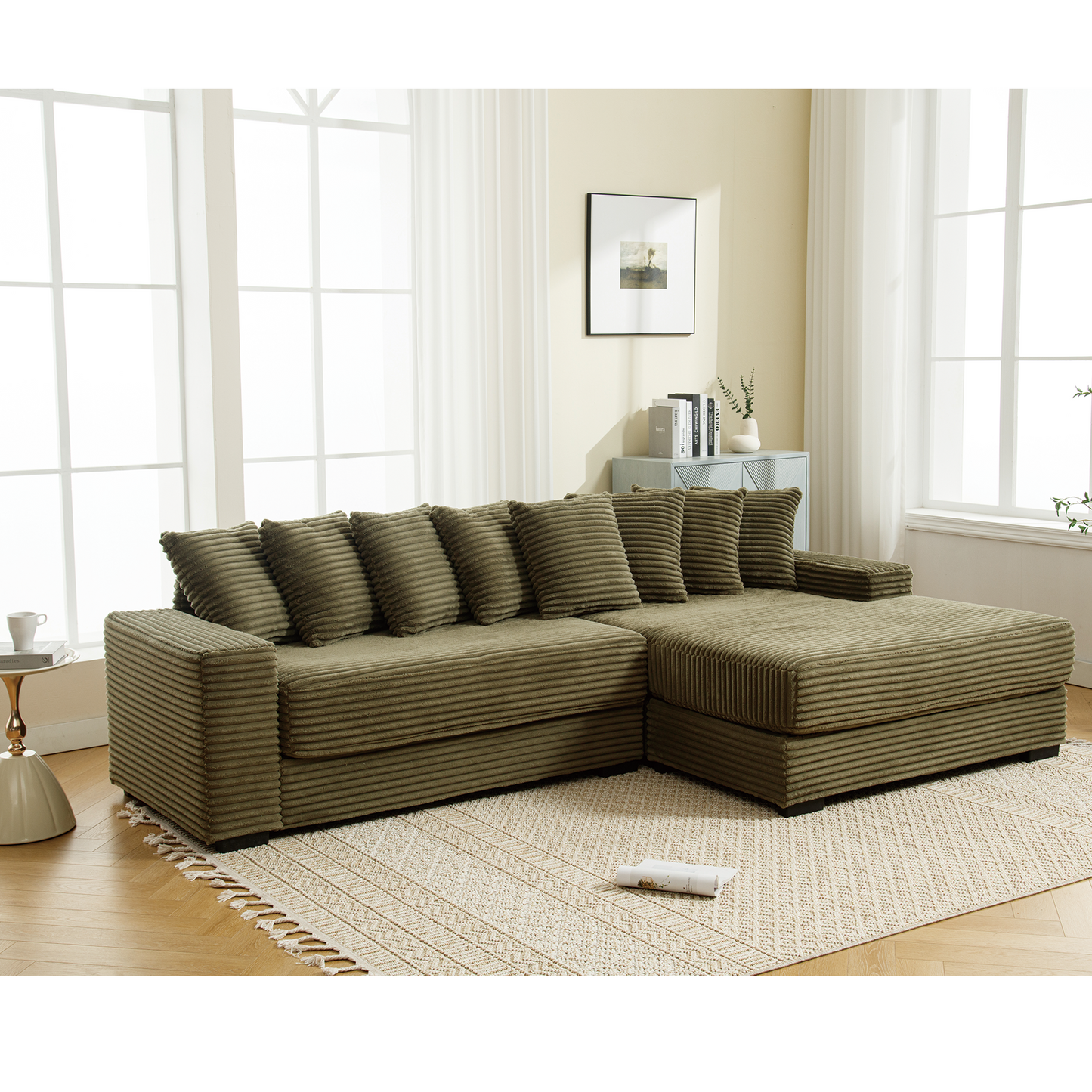 Oversized Two-Piece Couches, L Shaped Sofa, Corduroy, Right Chaise Daybed,with Armrests,Eight Throw Pillows,Corner Sofa