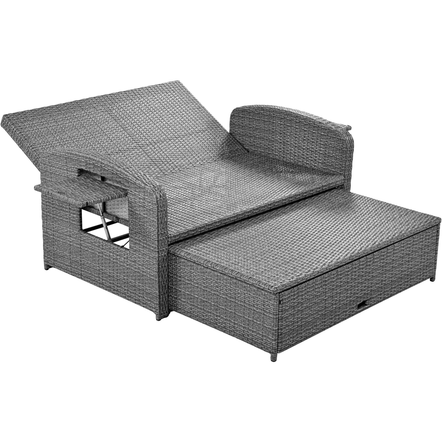 PE Wicker Rattan Double Chaise Lounge, 2-Person Reclining Daybed With Adjustable Back and Cushions