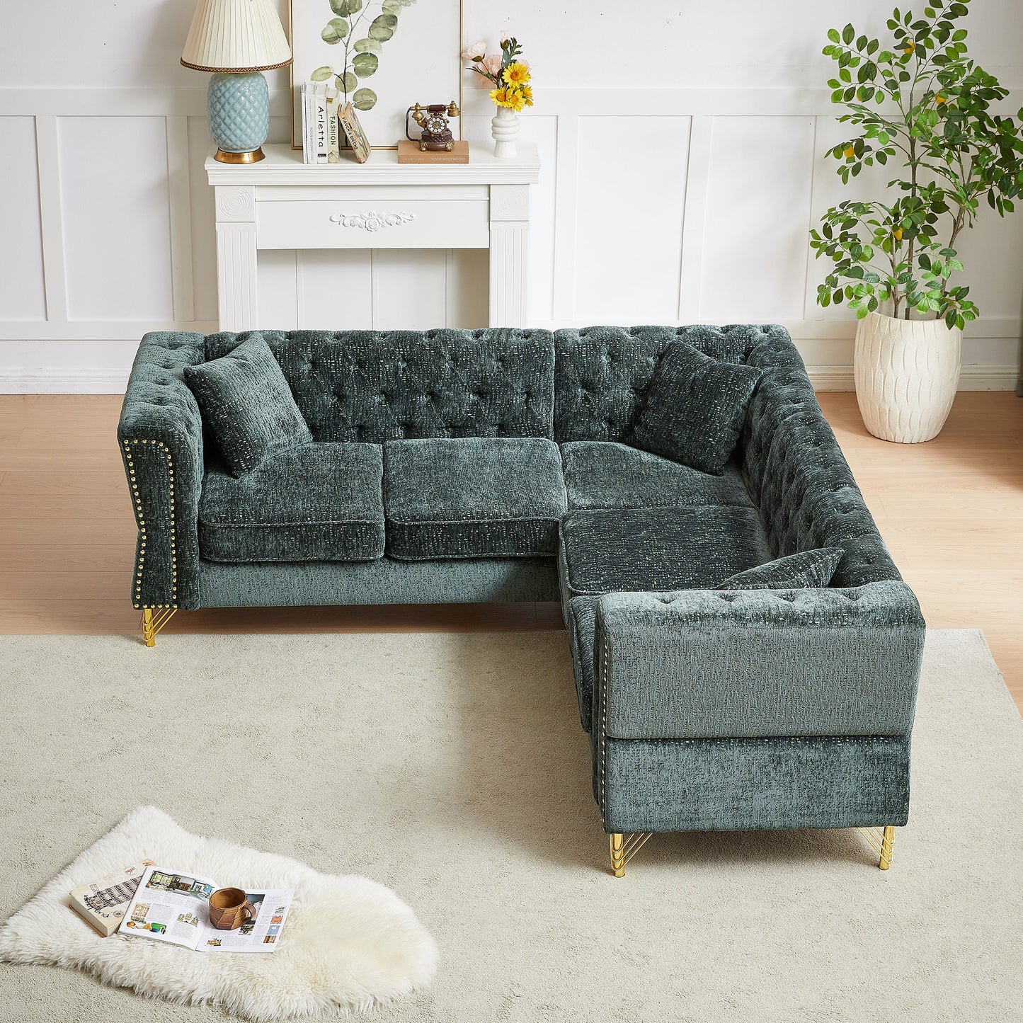 81.5-Inch Chenille Corner Sofa , L-Shaped Sectional Couch, 5-Seater Corner Sofas With 3 Cushions for Living Room, Bedroom