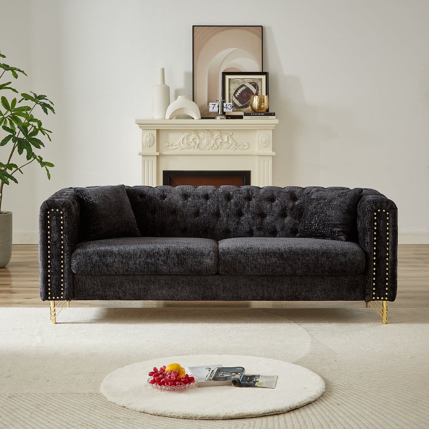 82-Inch Chenille Pull Buckle Design Sofa for Living Room,Buttons Tufted With Copper Nail Decoration Armrest, Modern Couch