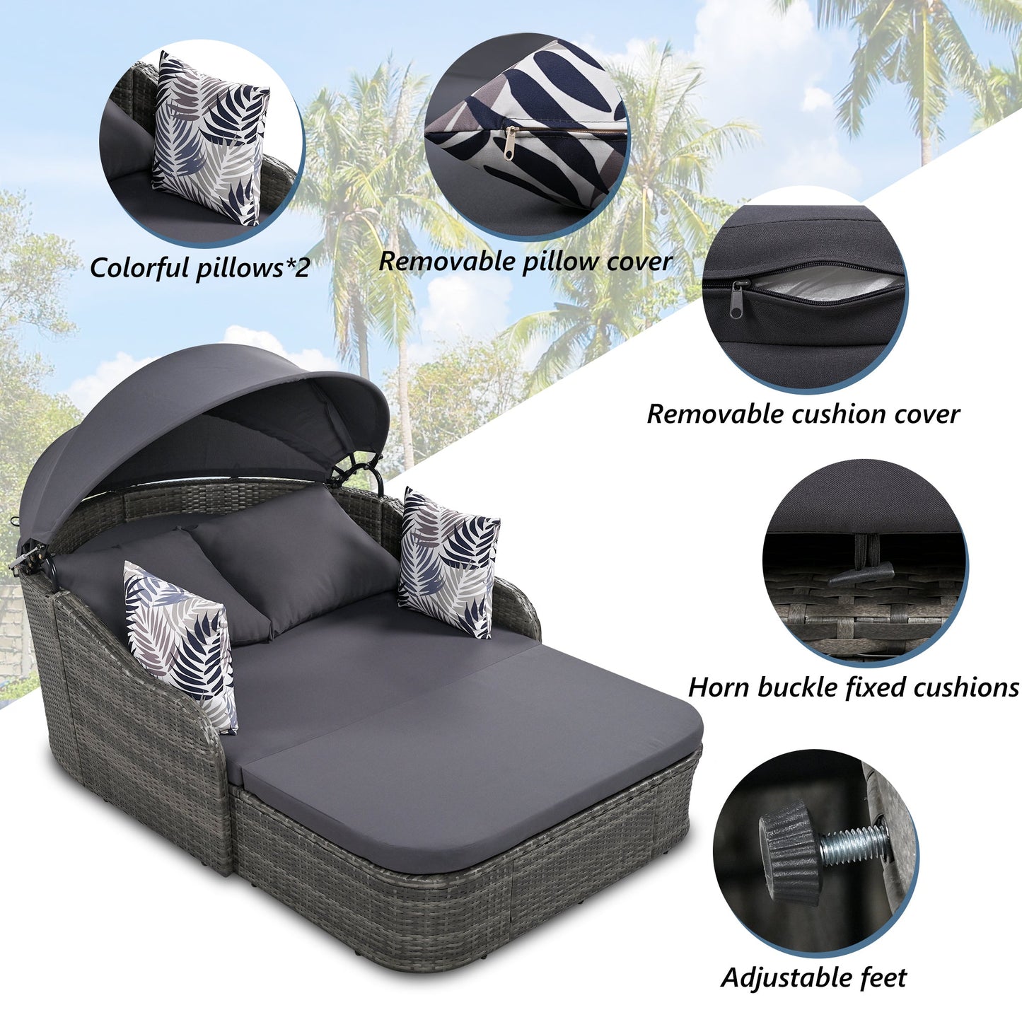 79.9" Outdoor Sunbed With Adjustable Canopy, Double Lounge, PE Rattan Daybed, Gray Wicker and Cushion