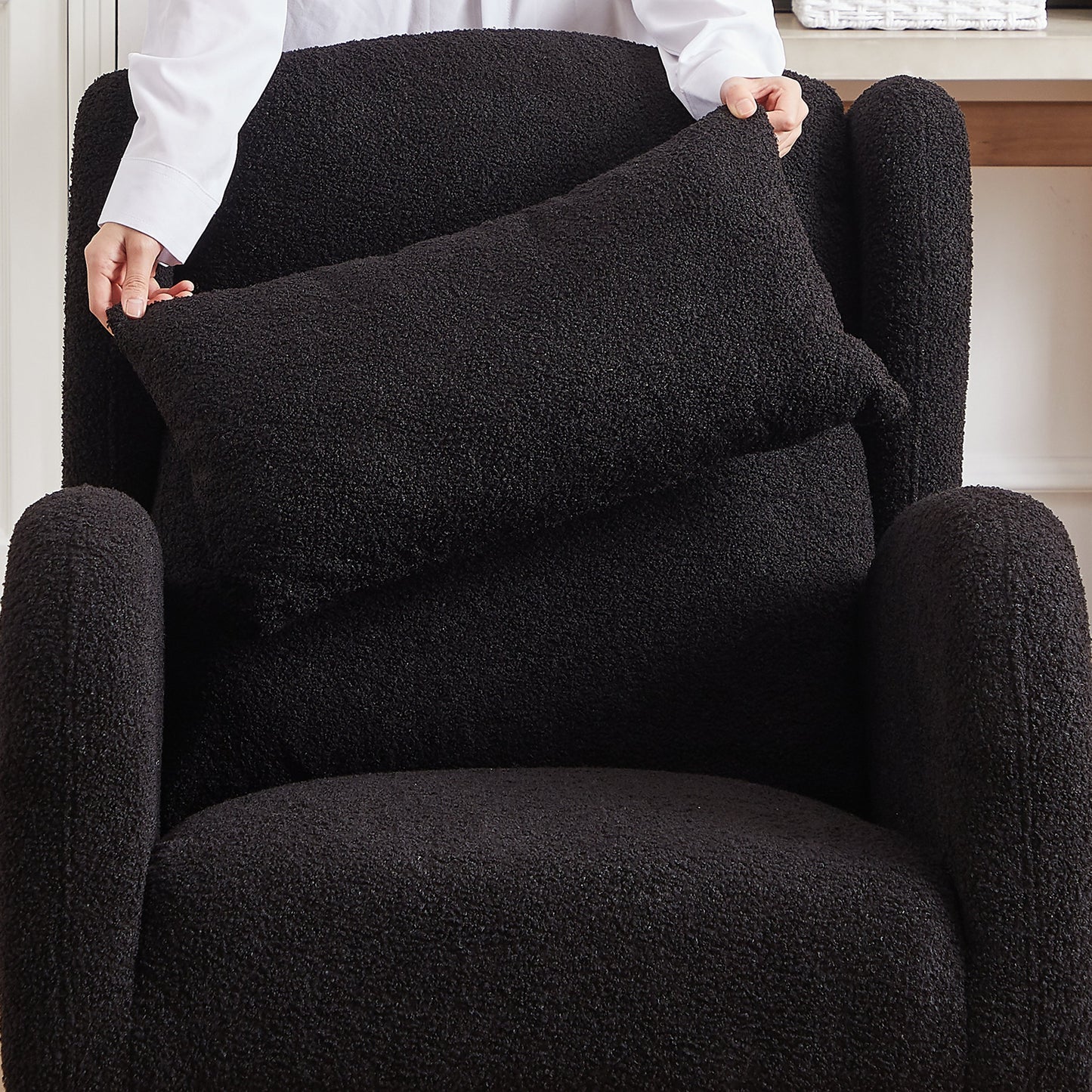 Modern Accent High Backrest Living Room Lounge Arm Rocking Chair, Two Side Pocket