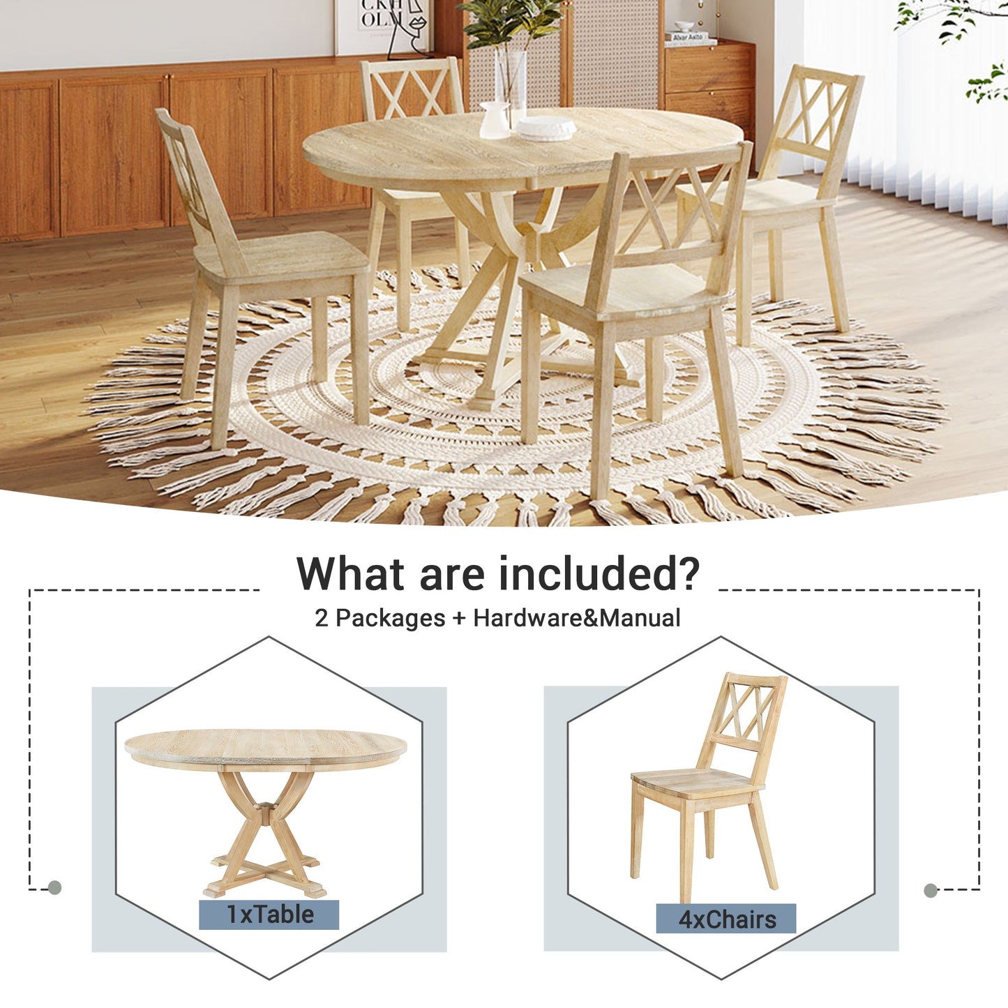 Mid-Century 5-Piece Extendable Round Dining Table Set With 15.7" Removable Leaf and 4 Cross Back Dining Chairs, Natural