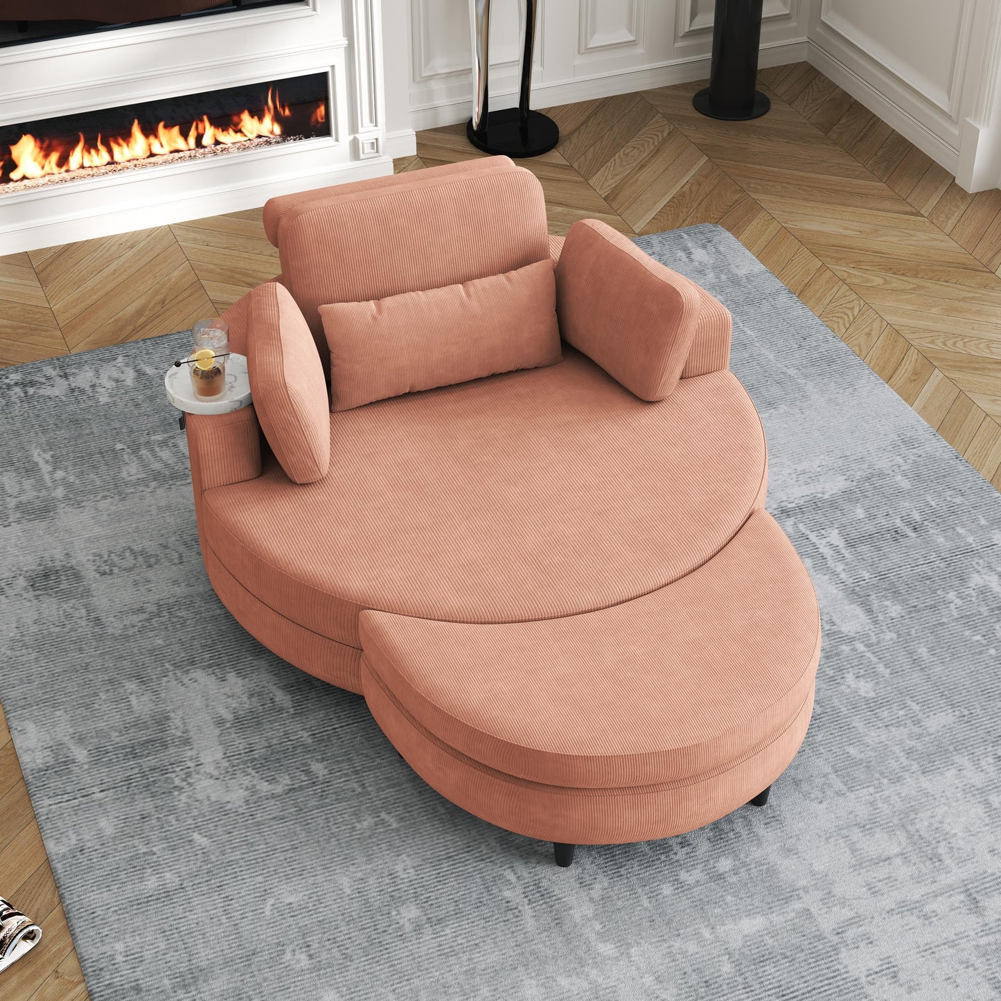 A 51-Inch Orange Corduroy Sofa With Two Throw Pillows, a Waist Pillow and an Extra Tray Is Comfortable