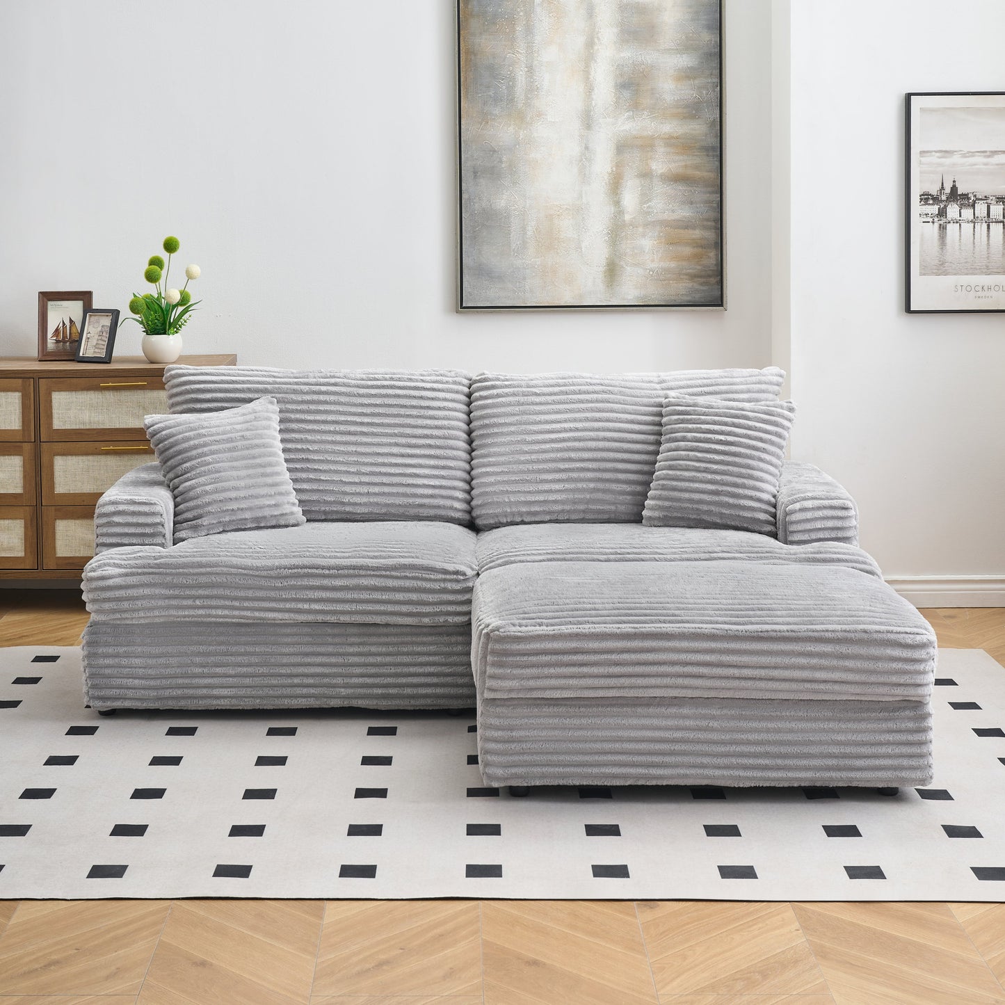 82 Inches Gray Corduroy Sofa, Storage Feet +4 Throw Pillows, Create a Living Room, Office Fashion New Darling