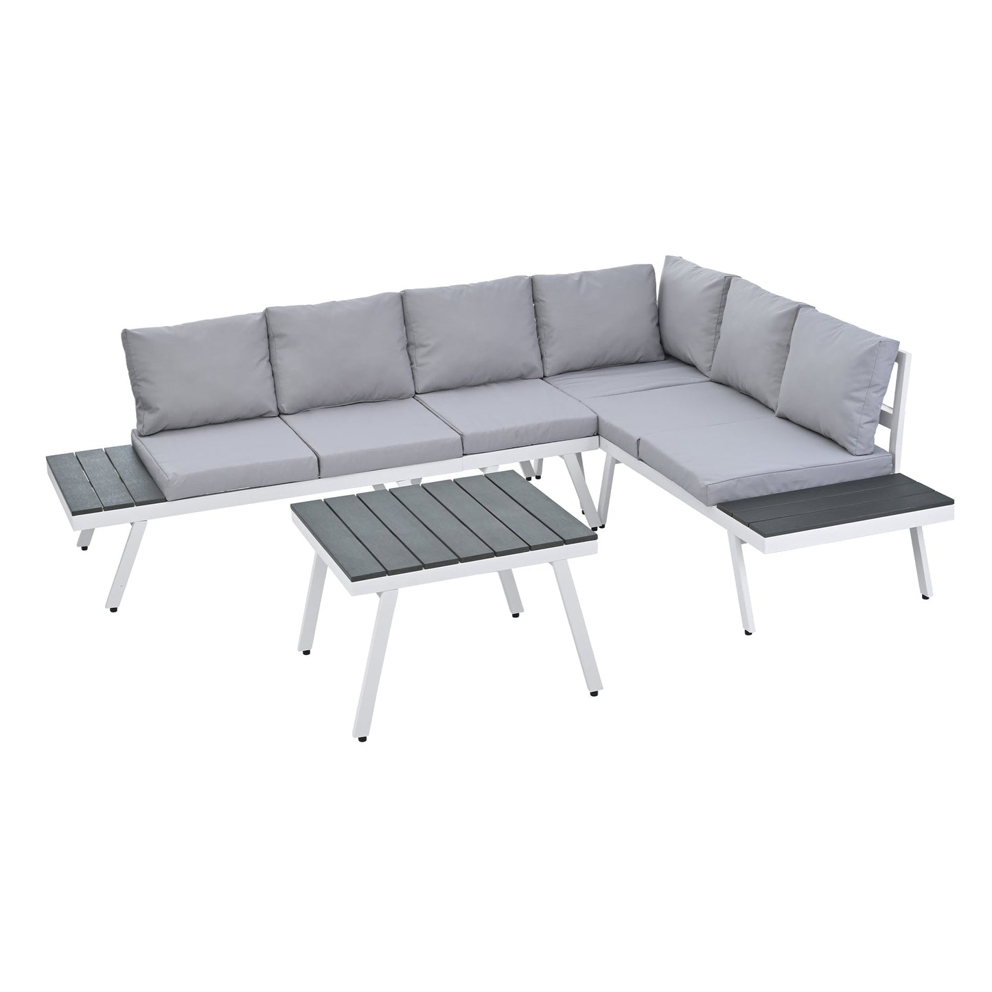 Industrial 5-Piece Aluminum Outdoor Patio Furniture Set, Modern Garden Sectional Sofa Set With End Tables, Coffee Table