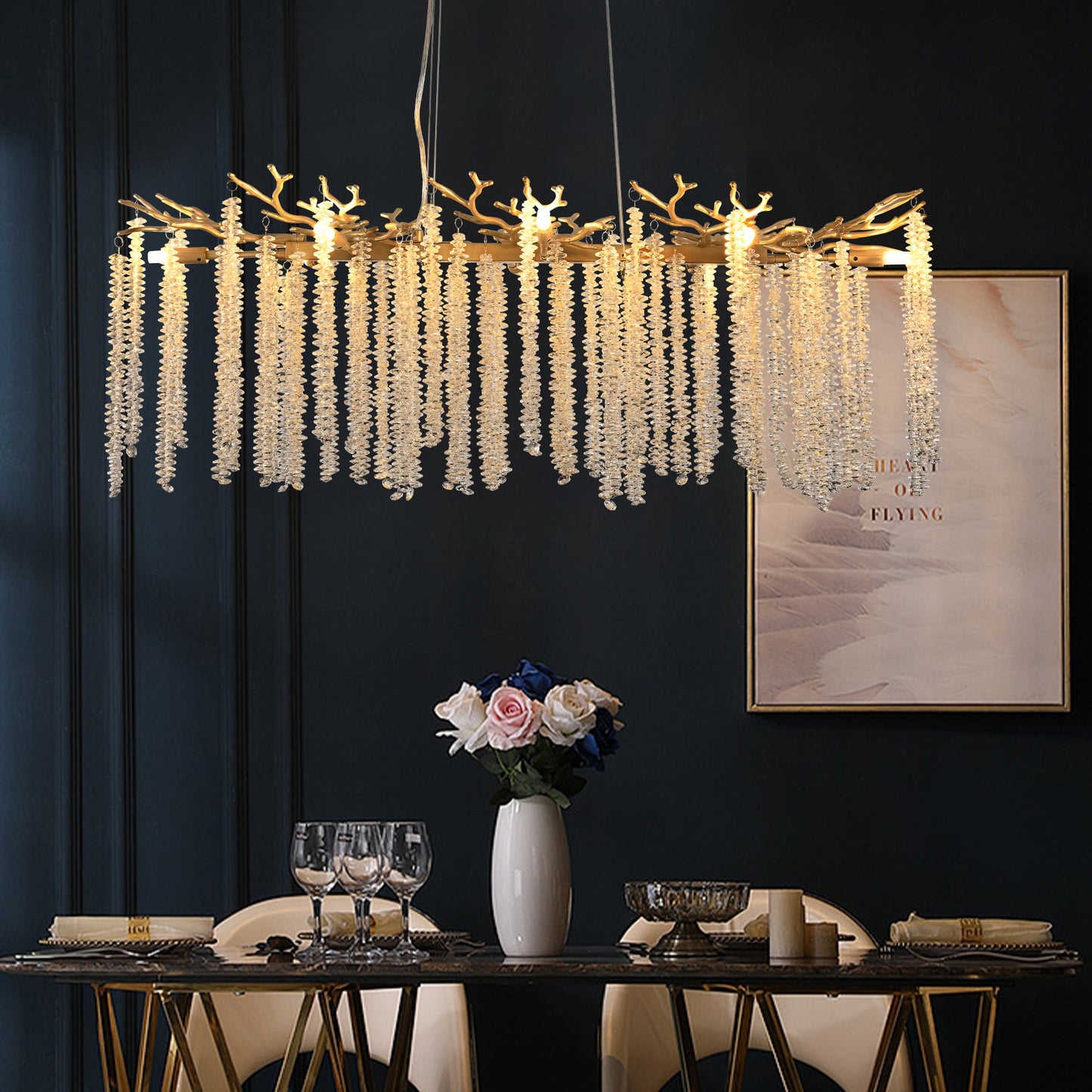 39.4-Inch Modern Golden Pendant Light With Cascading Crystal Strands, Ideal for Living Room, Dining Room and Foyer