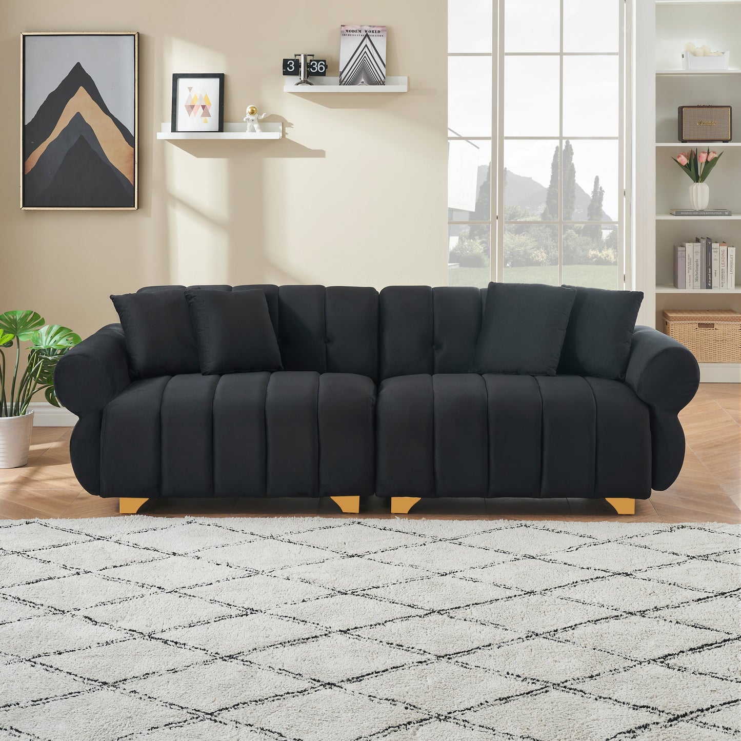 89-Inch Spring-Wrapped Cushions, 3 Flannelette Sofas, Stylish Metal Feet and 4 Throw Pillows Make for a Modern Living Room