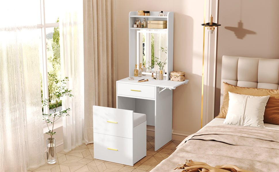 Small Vanity Desk With Mirror and Light, Dressing Table With Charging Station & Fold-Up Panel for Small Space, Compact
