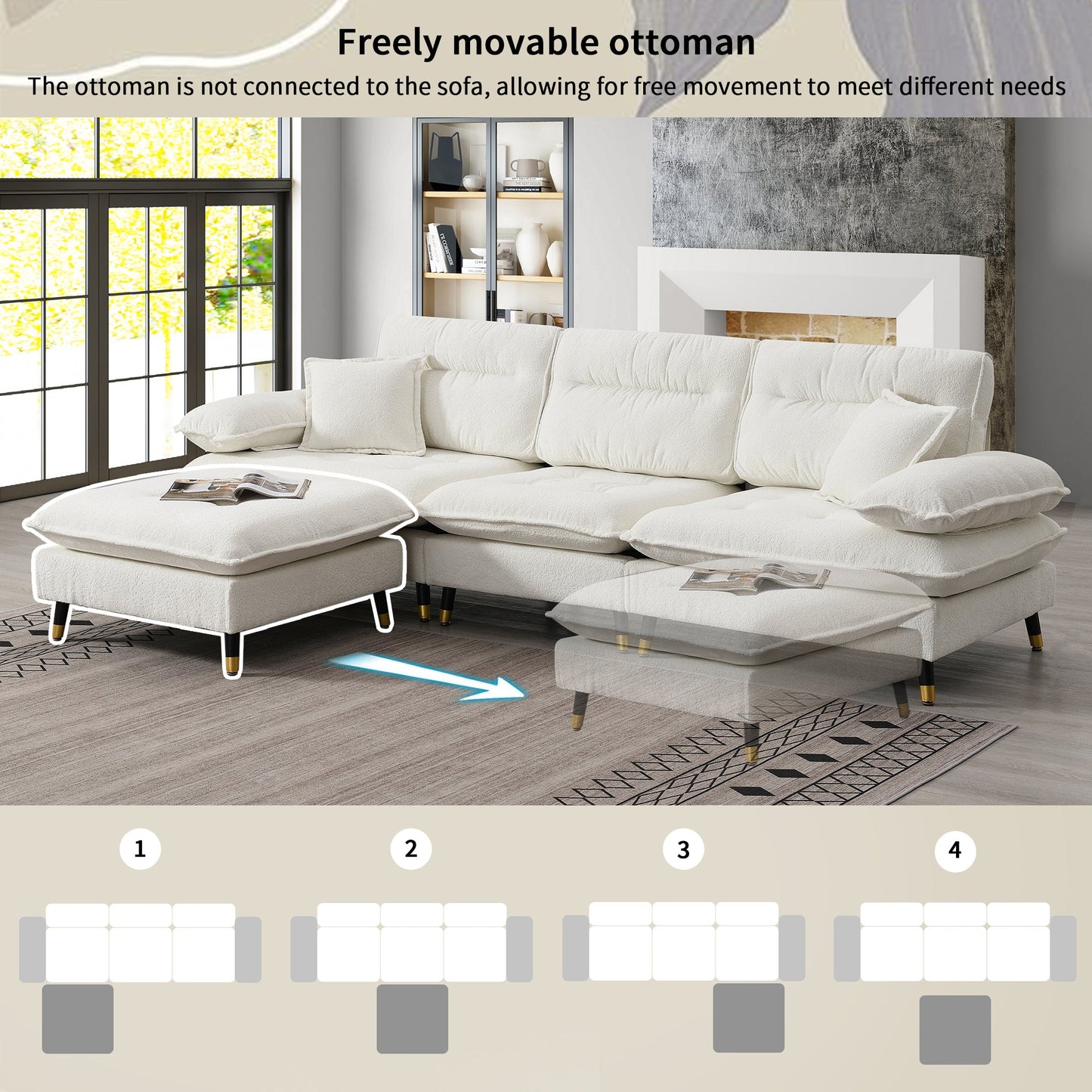 106*66.5" L Shaped Convertible Sectional Sofa,4 Seat Tufted Couch Set With Two-Tone Adjust Legs,Cloud Chenille Fabric