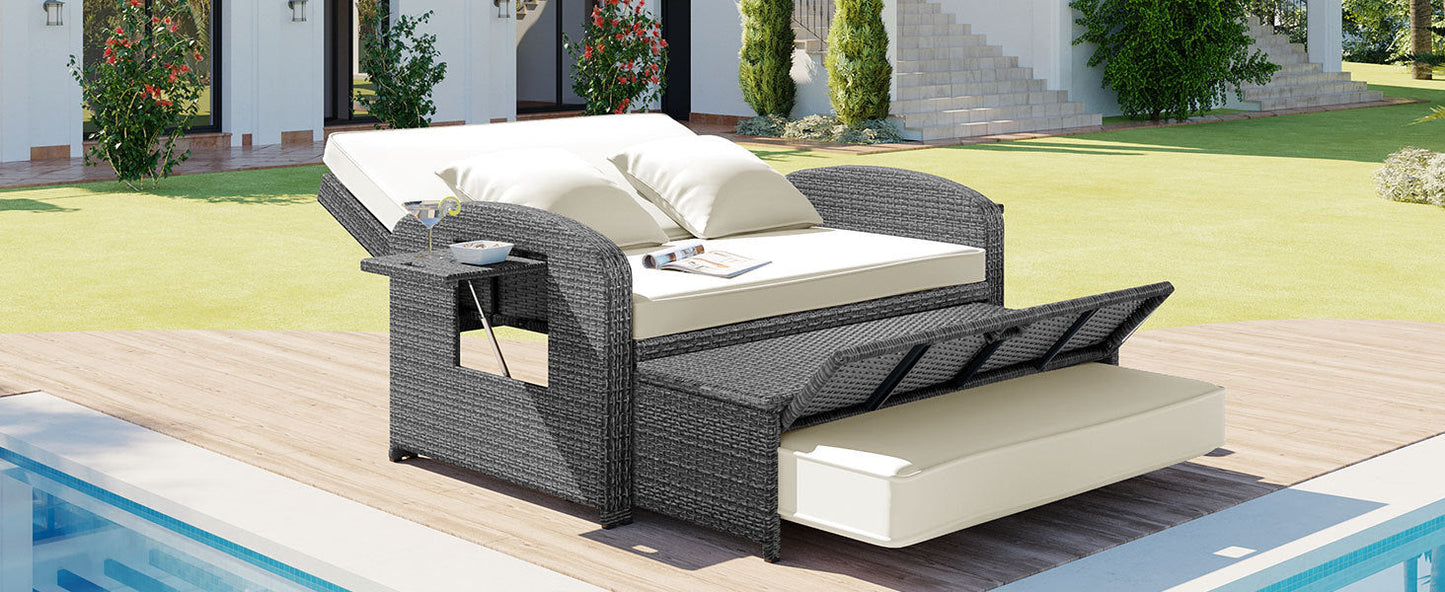 PE Wicker Rattan Double Chaise Lounge, 2-Person Reclining Daybed With Adjustable Back and Cushions