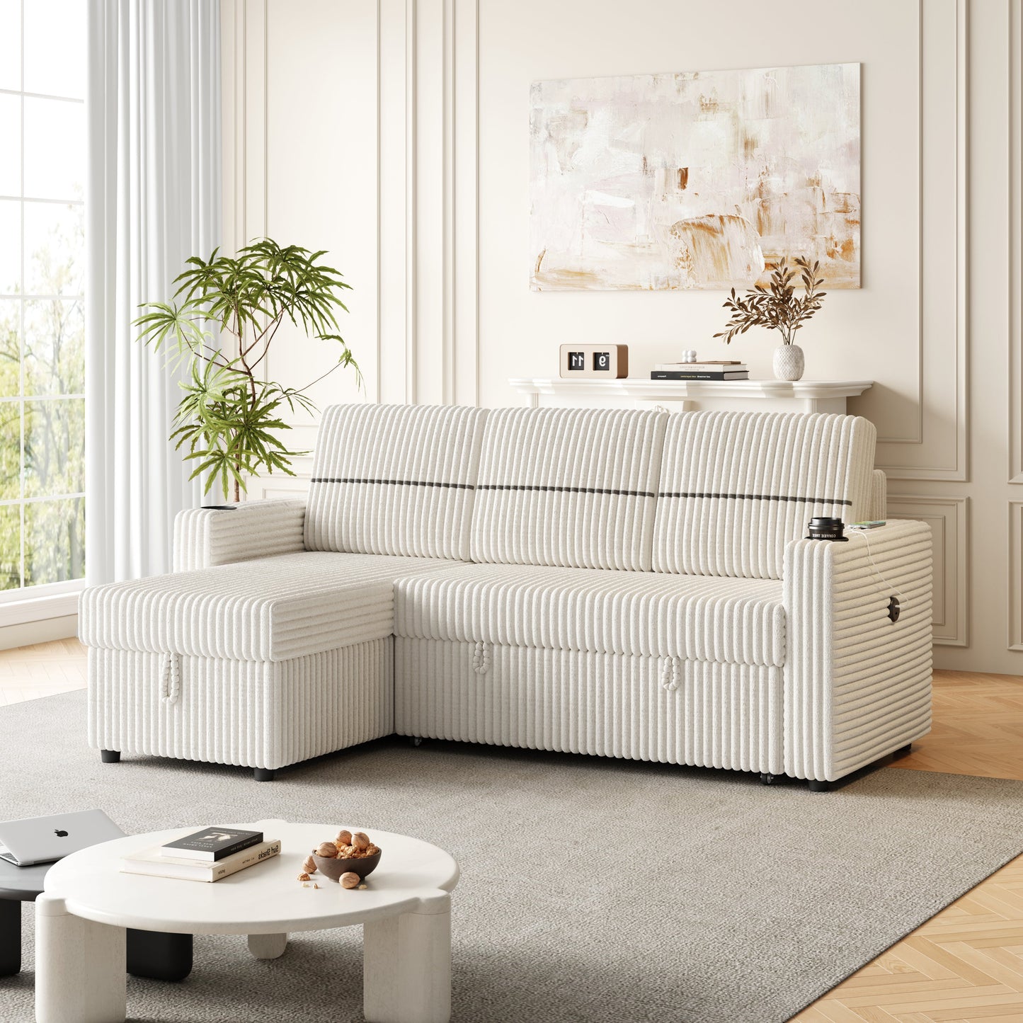 85 Inches Corduroy Sofa Bed, 3 Seater Sleeper Sofa With Storage Chaise, Square Handrail With Two Cup-Holder and USB Charger