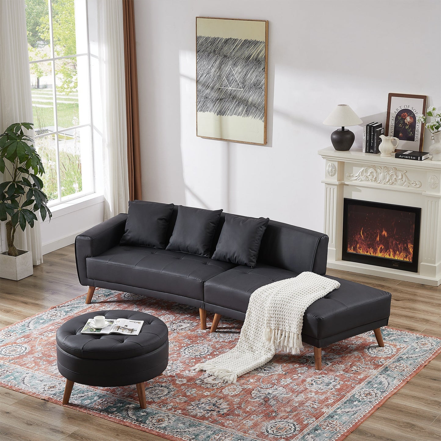 107" Contemporary Sofa Stylish Sofa Couch With a Round Storage Ottoman and Three Removable Pillows for Living Room, Black