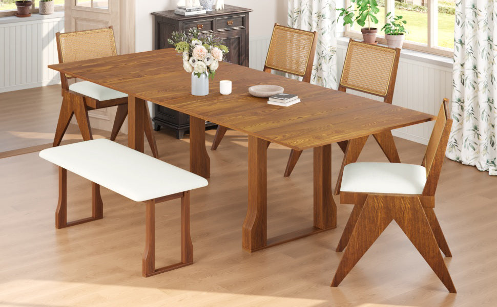 Modern 6-Piece 82.7inch Extendable Dining Table Set With 4 Wicker Back Upholstered Dining Chairs and Long Bench