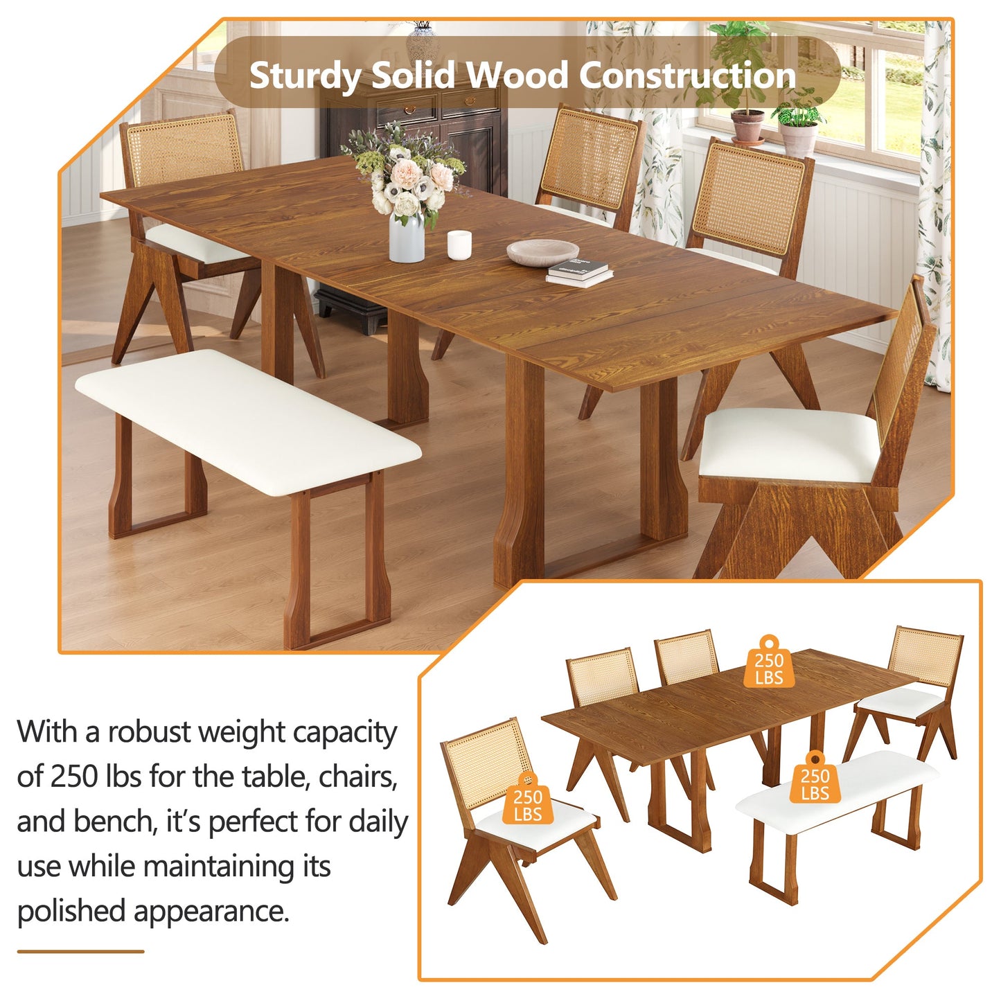 Modern 6-Piece 82.7inch Extendable Dining Table Set With 4 Wicker Back Upholstered Dining Chairs and Long Bench
