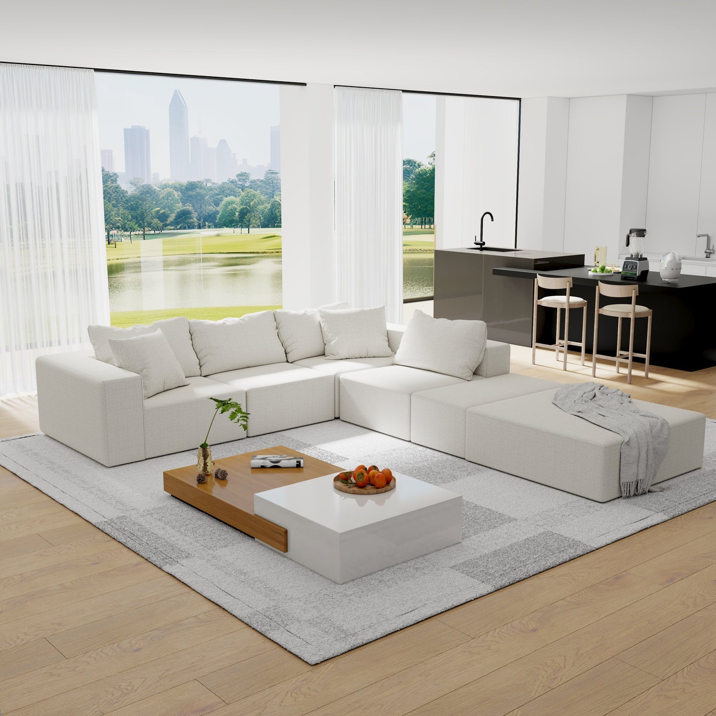Modern Upholstered Sectional Sofa Couch Set,Modular 132" L Shaped Sectional Living Room Sofa Set With 6 Pillows,Free Com