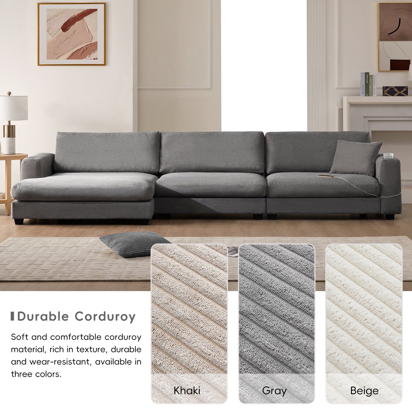134*54"Oversized Corduroy Sectional Sofa,L Shaped Cloud Couch With USB Charging Port,Cup Holder,Deep Seat Sofa Bed