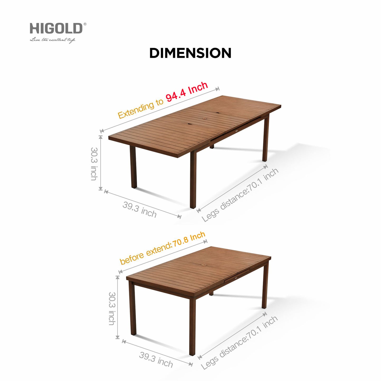 Carlo 9 Pieces Extendable Outdoor Patio Dining Set for Eight Person, Wood Color Painted Aluminum