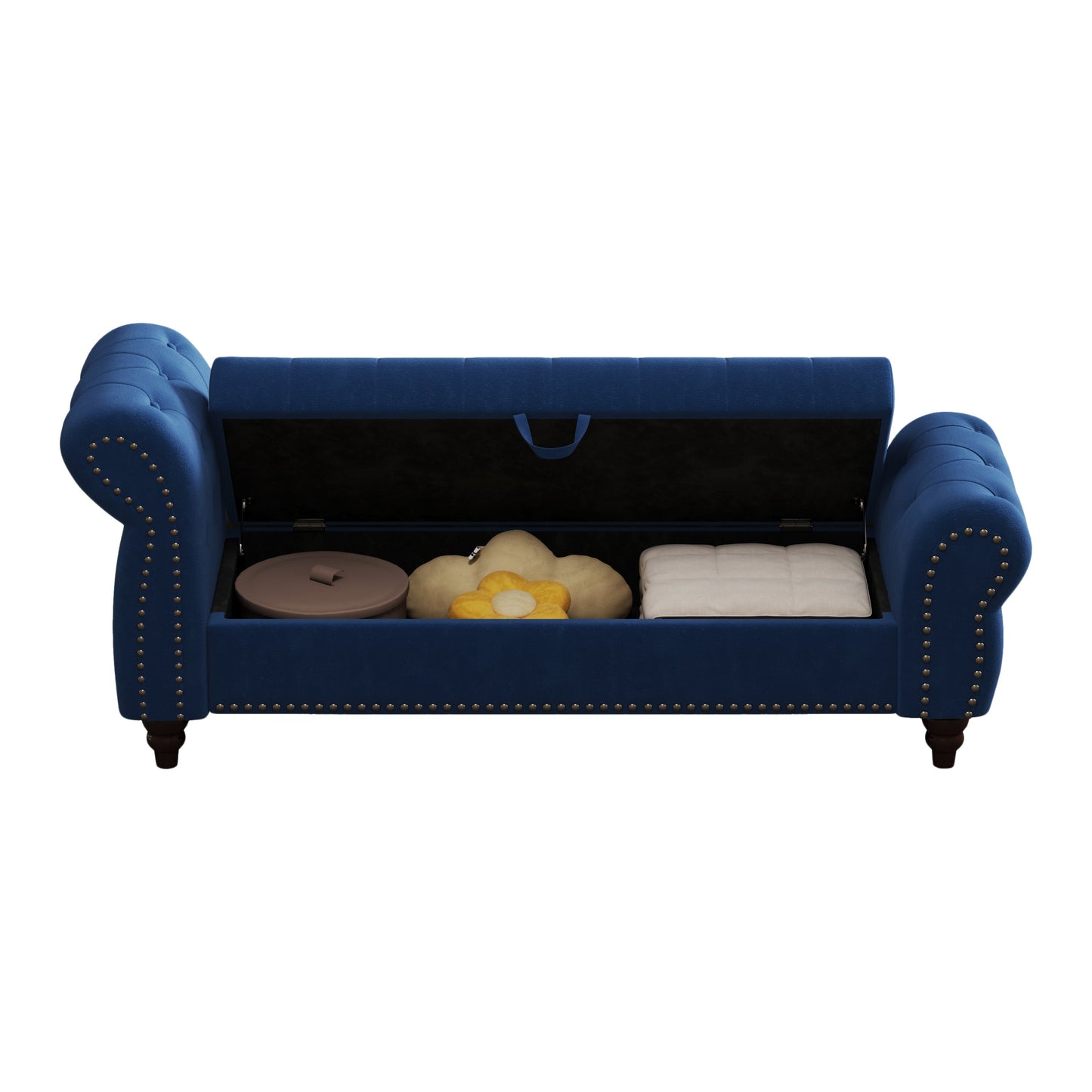 64.5" Bed Bench for Bed Room Nails Tufted Chaise of Lounge With Storage Velvet Upholstery Navy Blue