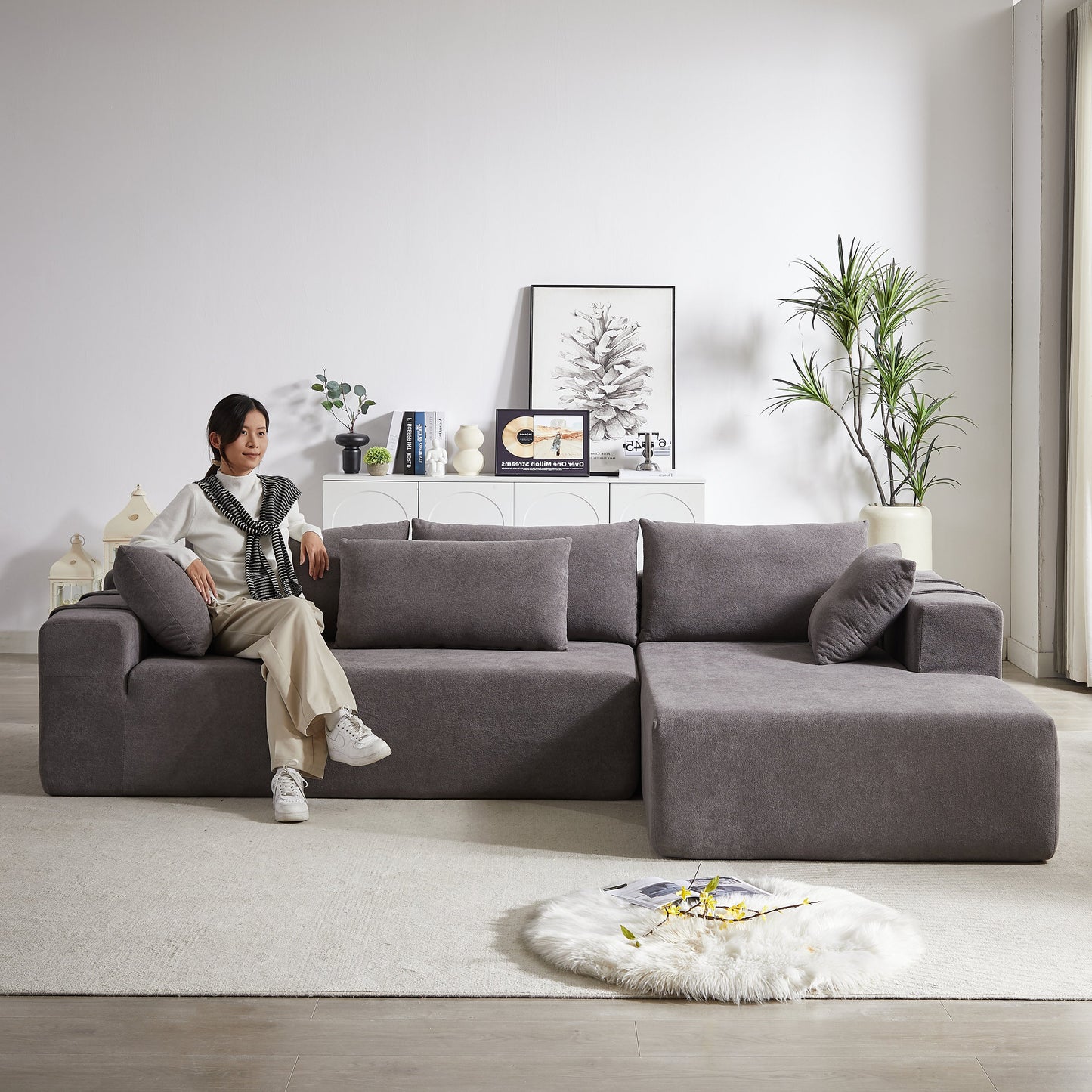 Modern Chenille Upholstered Sectional Sofa Couch Set,Modular 108" L Shaped Sectional Living Room Sofa Set With 6 Pillows