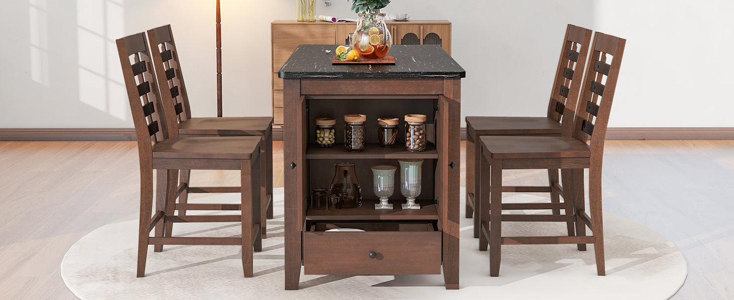 Counter Height 5-Piece Dining Table Set With Faux Marble Tabletop, Solid Wood Table Set With Storage Cabinet and Drawer
