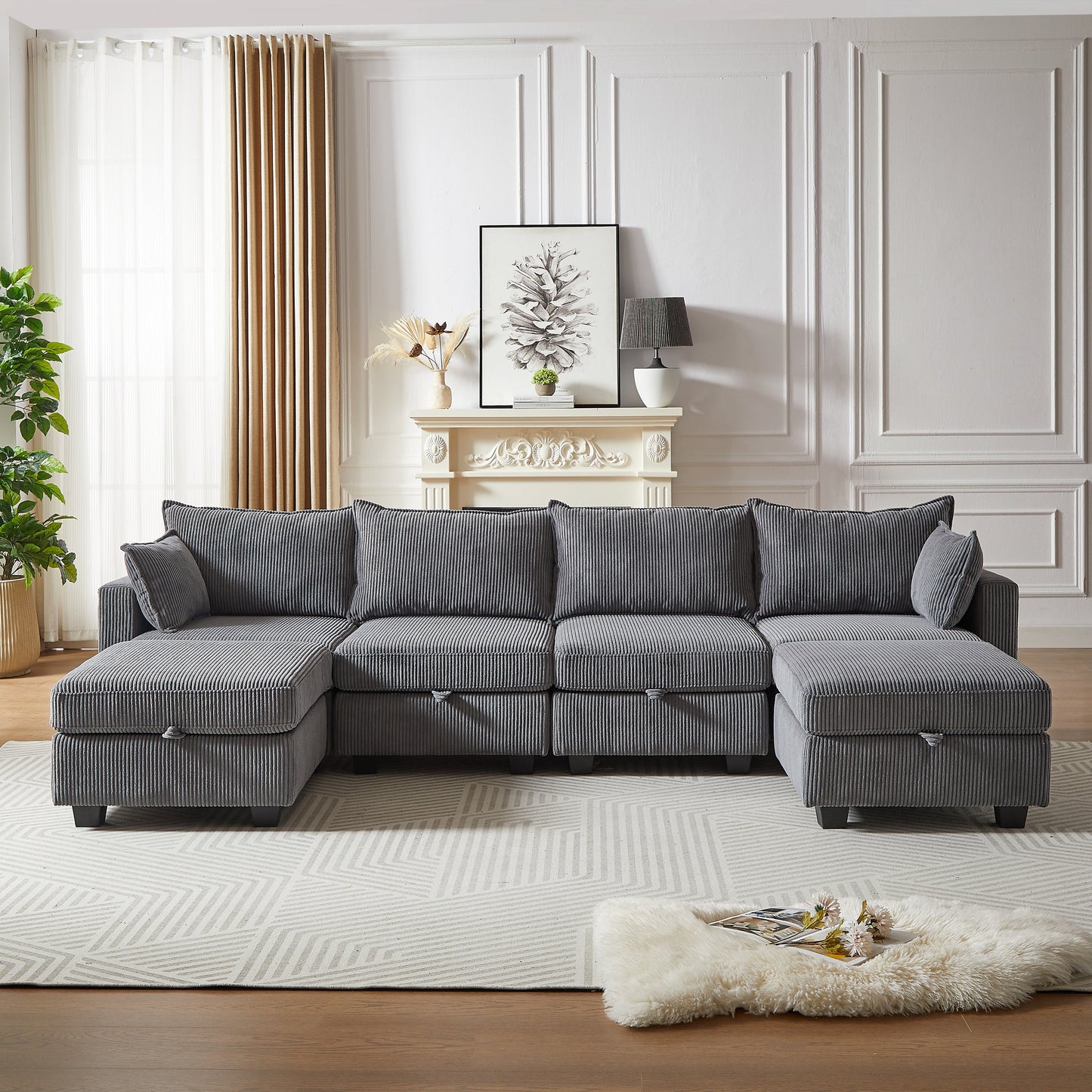 113.5'' Modular Sectiona Corduroy Sofa, Sectional Couches for Living Room U Shaped Sectional Couch With Storage Ottoman