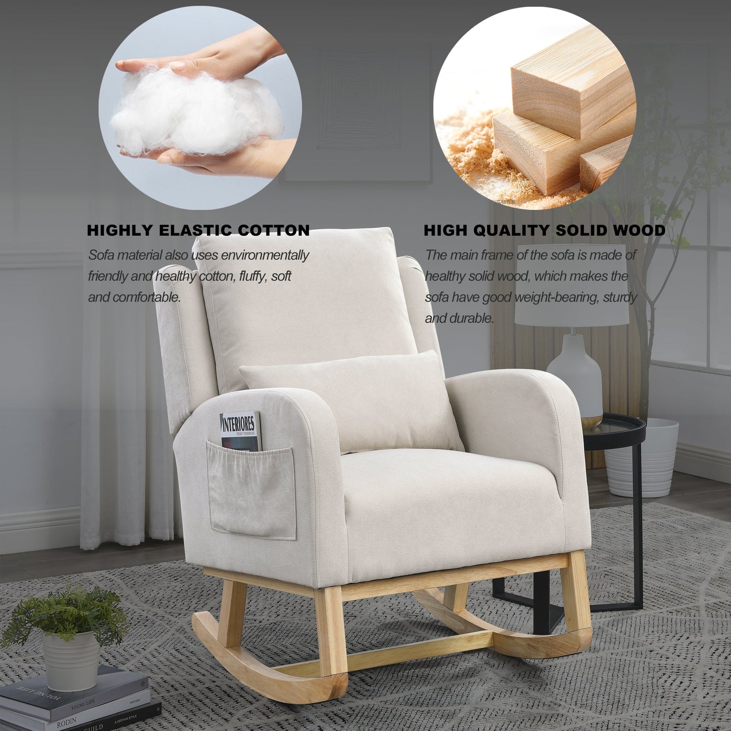 27.5 "W Modern Accent High Back Living Room Casual Armchair Rocker With One Lumbar Pillow, Two Side Pockets