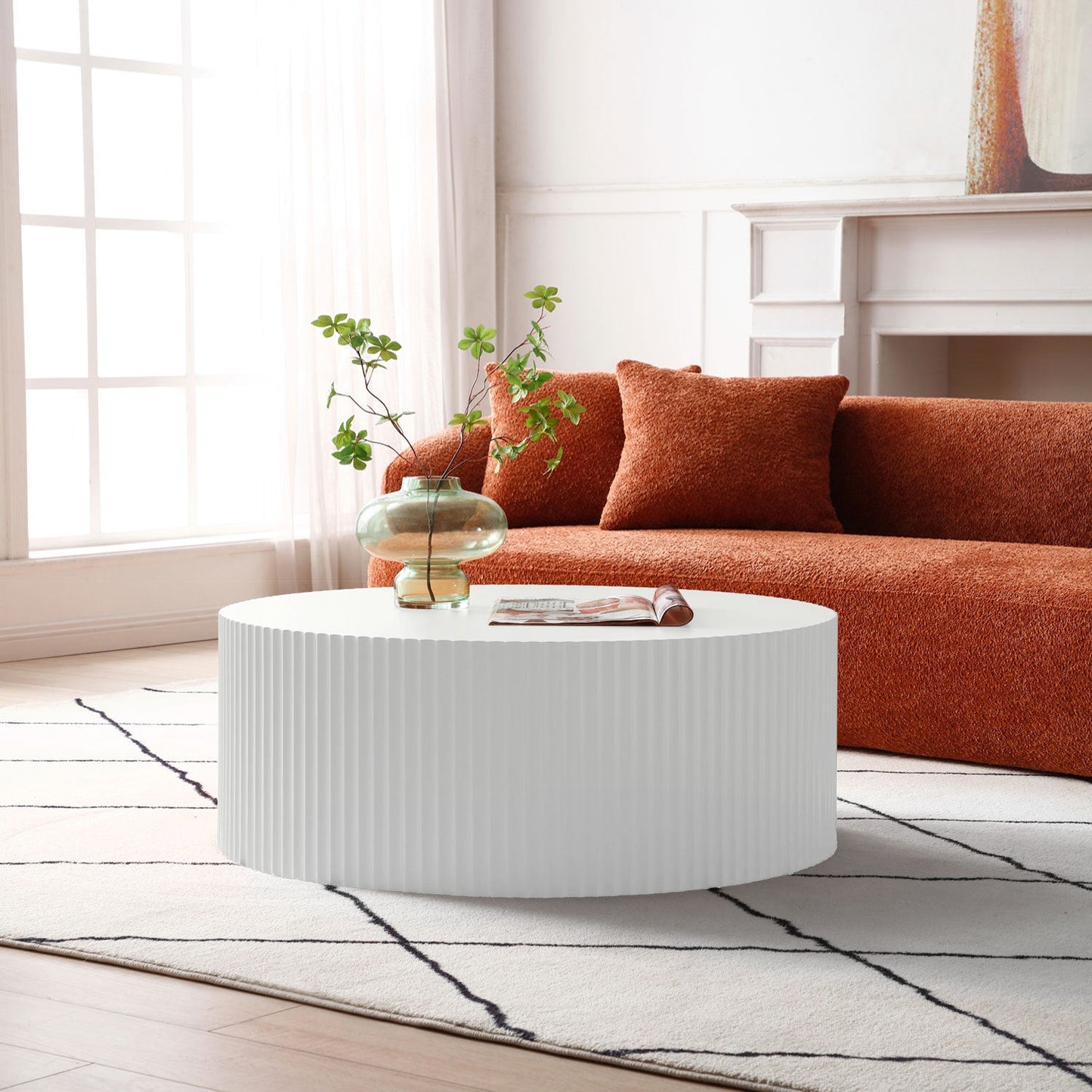 Contemporary Round Coffee Table With Handcrafted Relief, Whtie