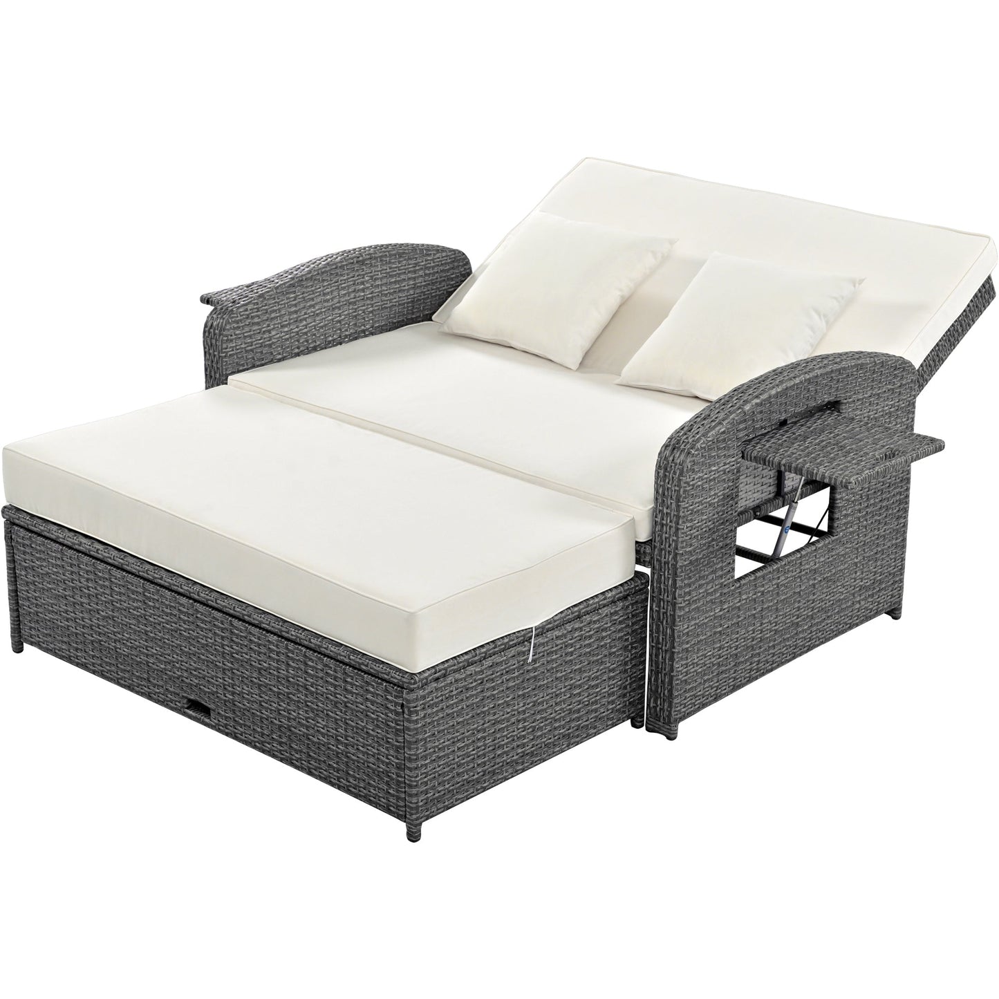 PE Wicker Rattan Double Chaise Lounge, 2-Person Reclining Daybed With Adjustable Back and Cushions
