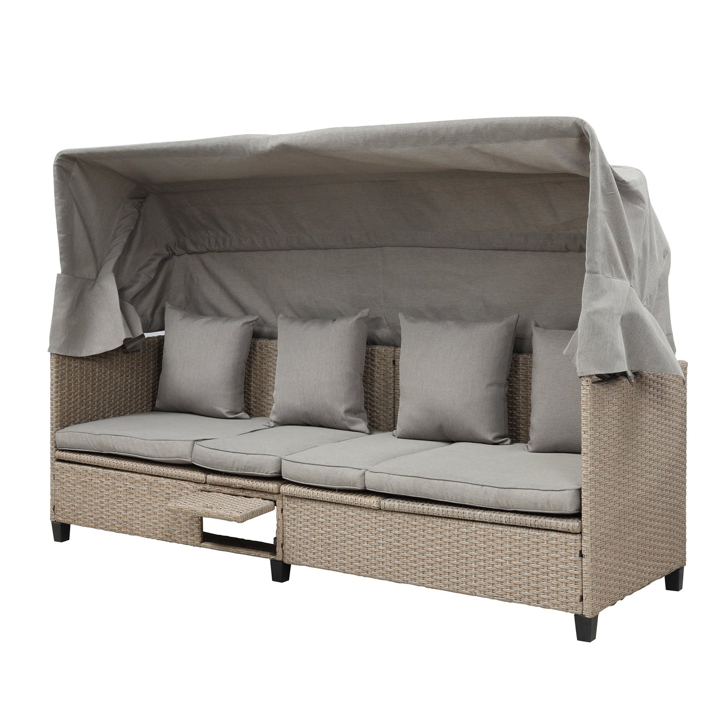 4 Piece UV-Proof Resin Wicker Patio Sofa Set With Retractable Canopy, Cushions and Lifting Table,Brown