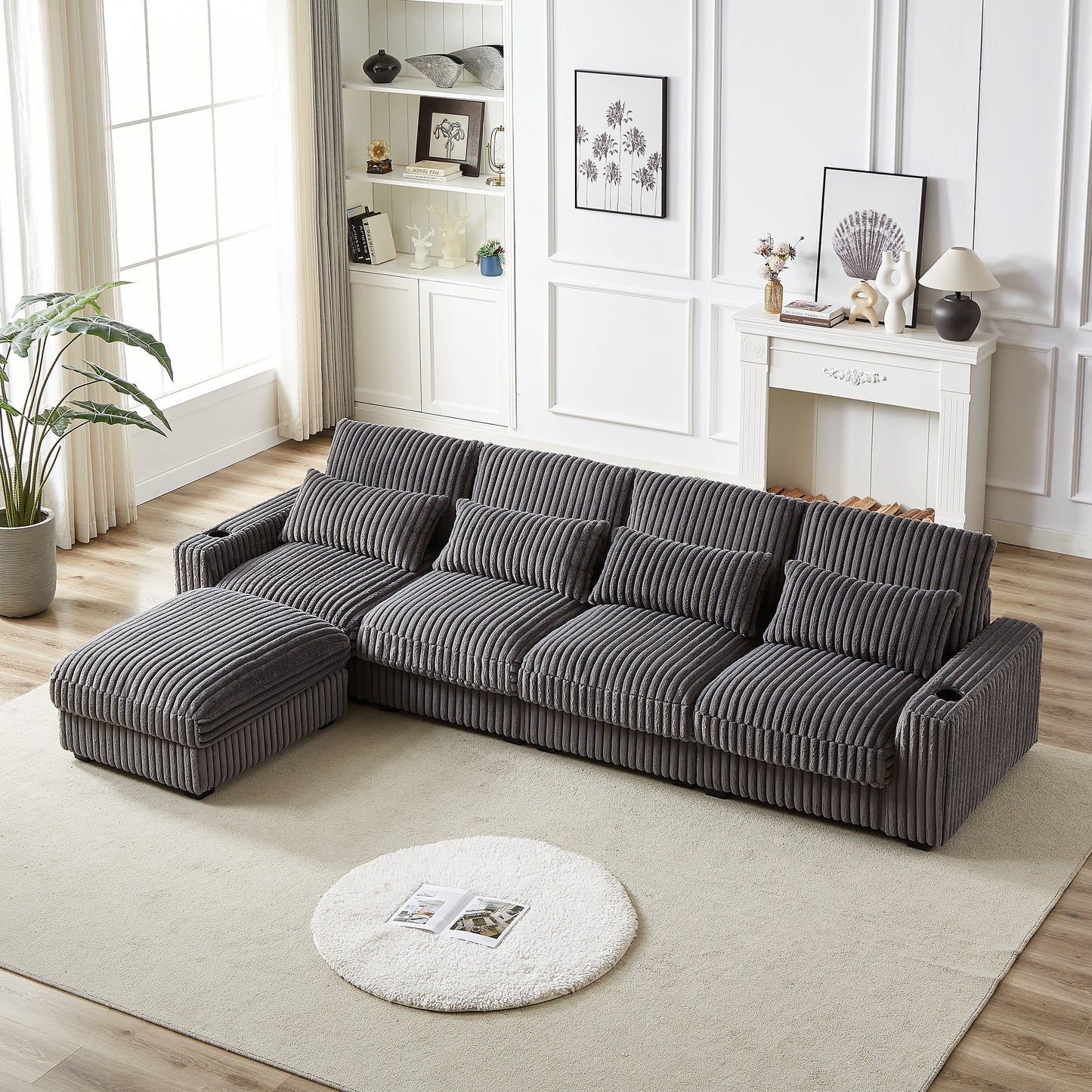 126-Inch Corduroy With Cup Holder Super Large L-Shaped Sofa, Movable Footrest, Four Waist Pillows and Four Back Cushion