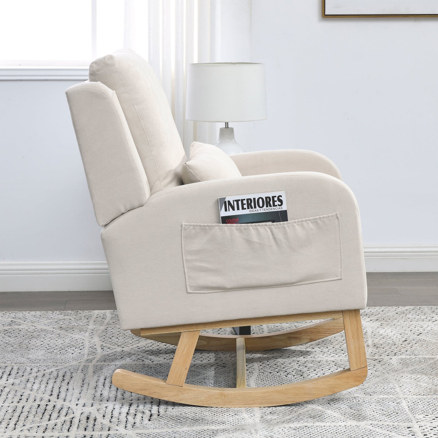 27.5 "W Modern Accent High Back Living Room Casual Armchair Rocker With One Lumbar Pillow, Two Side Pockets