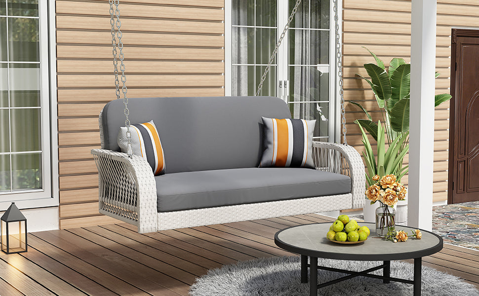 PE Wicker Porch Swing, 2-Seater Hanging Bench With Chains, Patio Furniture Swing for Backyard Garden Poolside